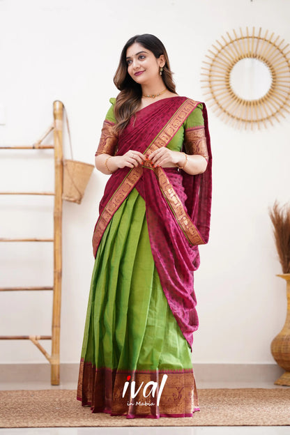 Padmaja - Parrot Green And Pink Cotton Halfsaree Half Sarees