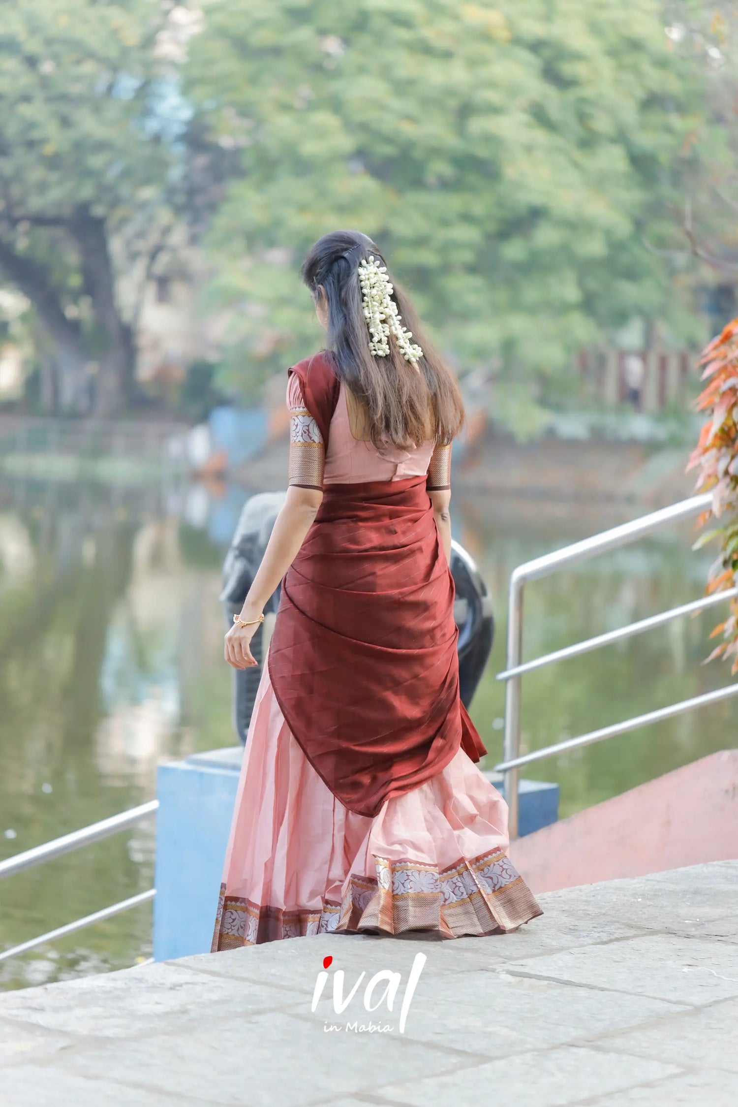 Padmaja - Pastel Pink And Maroon Cotton Half Saree Sarees