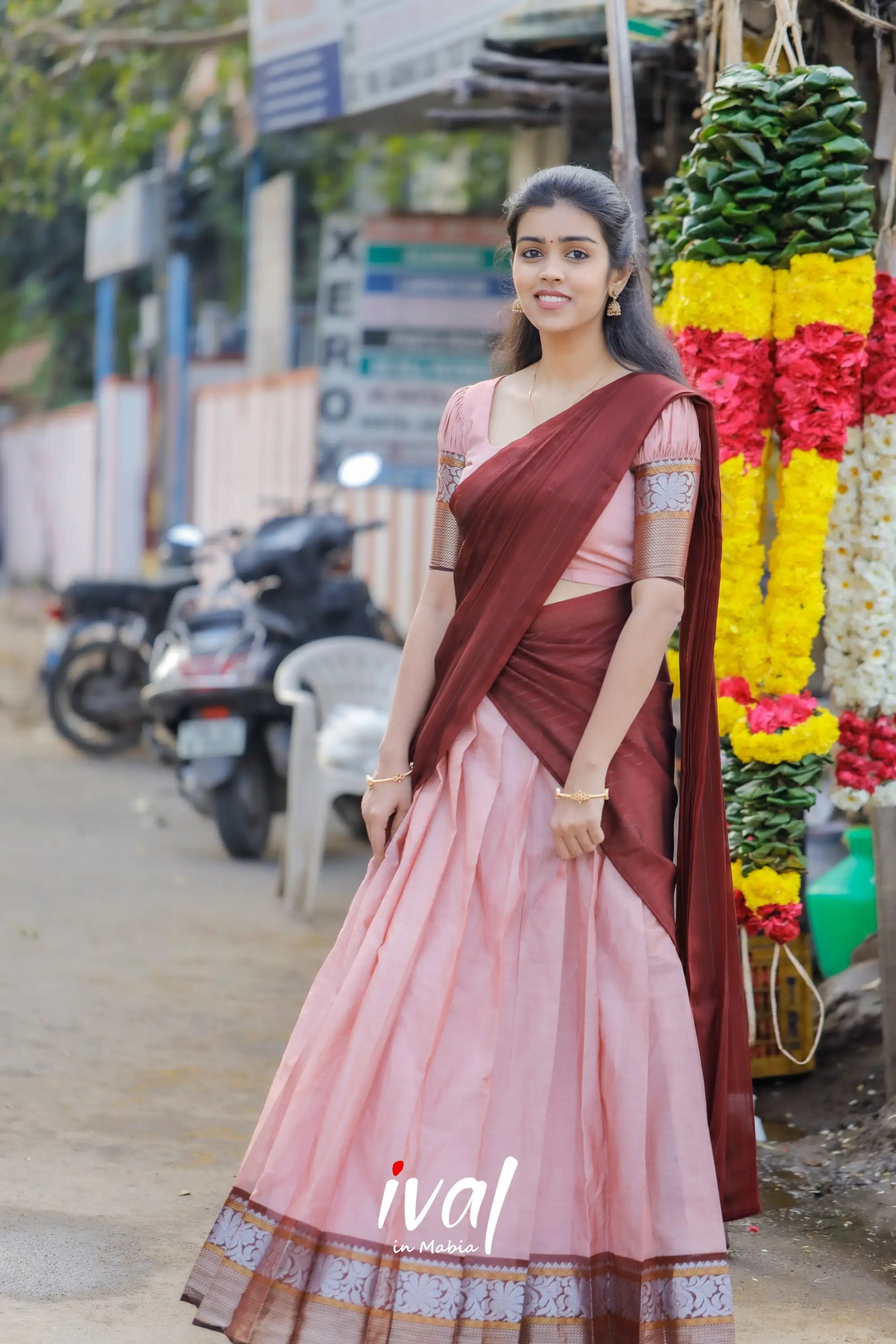 Padmaja - Pastel Pink And Maroon Cotton Half Saree Sarees