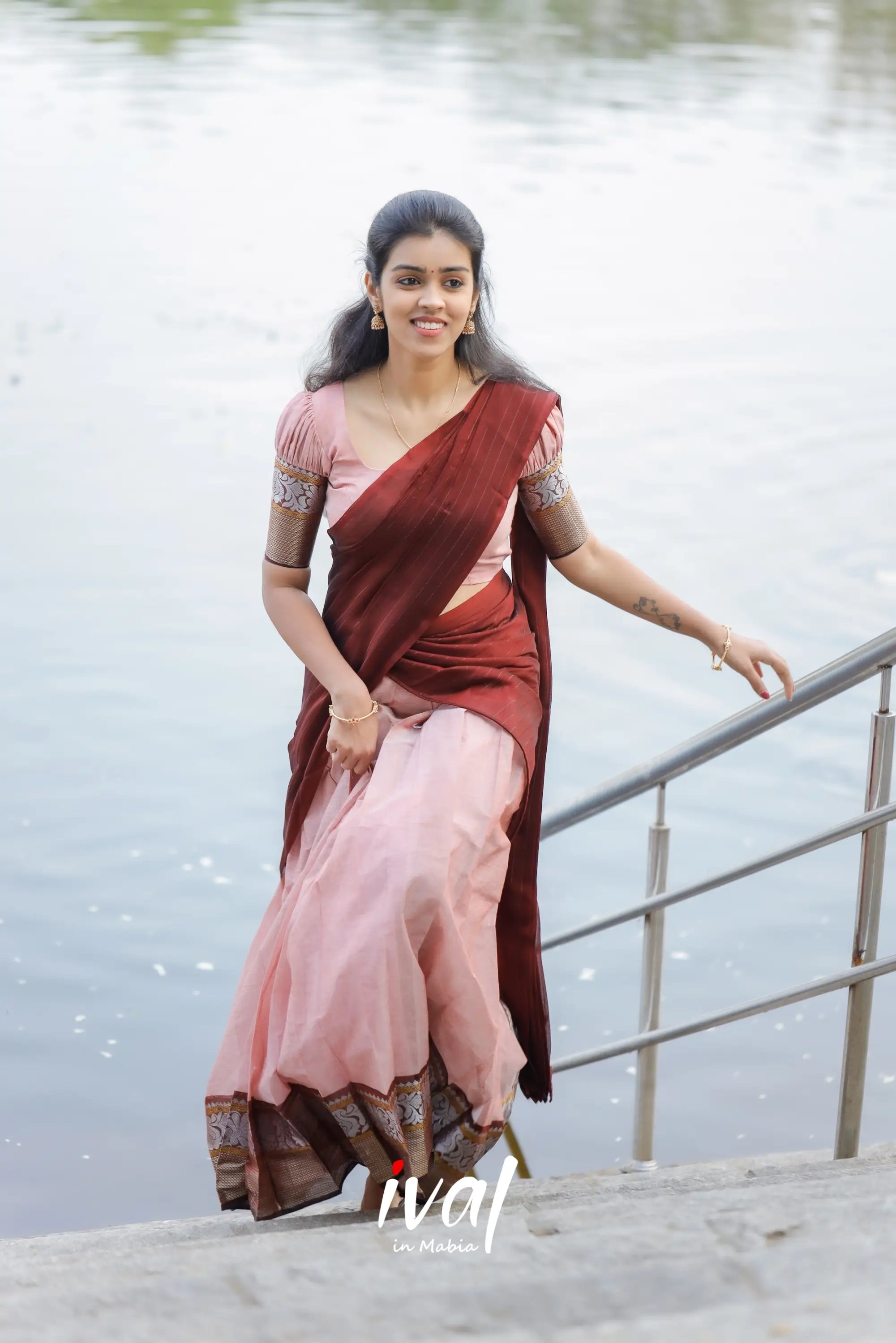 Padmaja - Pastel Pink And Maroon Cotton Half Saree Sarees