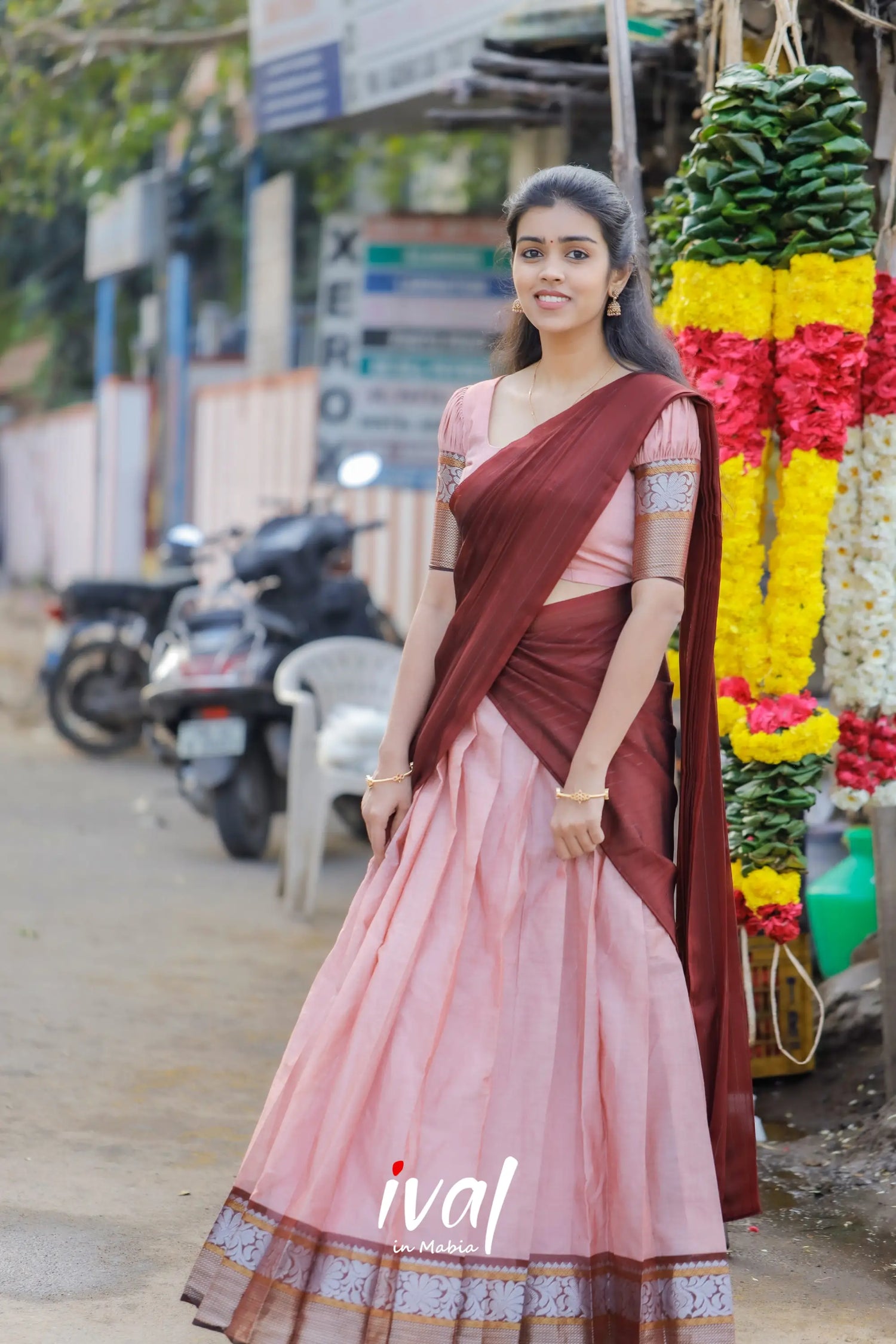 Padmaja - Pastel Pink And Maroon Cotton Half Saree Sarees