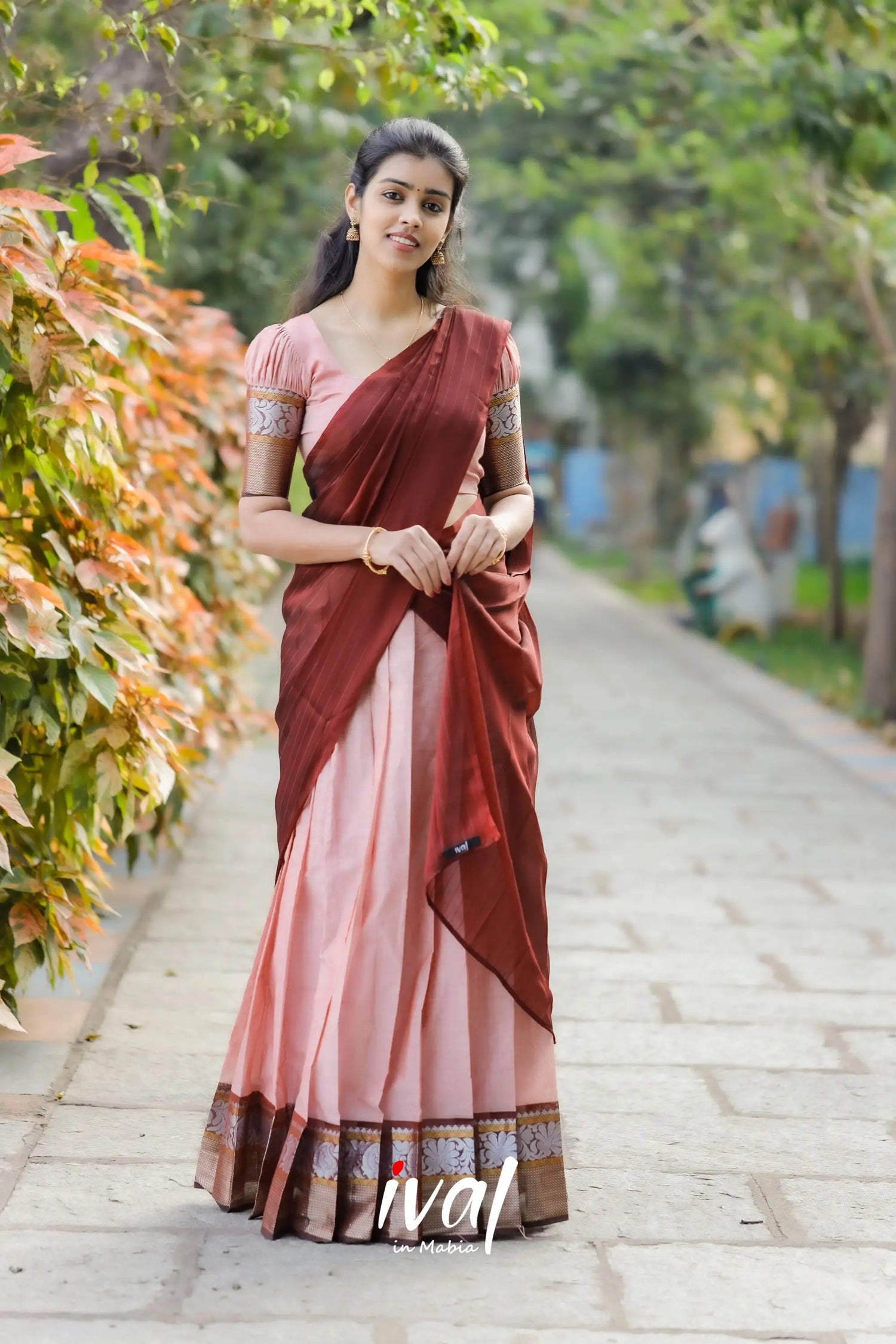 Padmaja - Pastel Pink And Maroon Cotton Half Saree Sarees