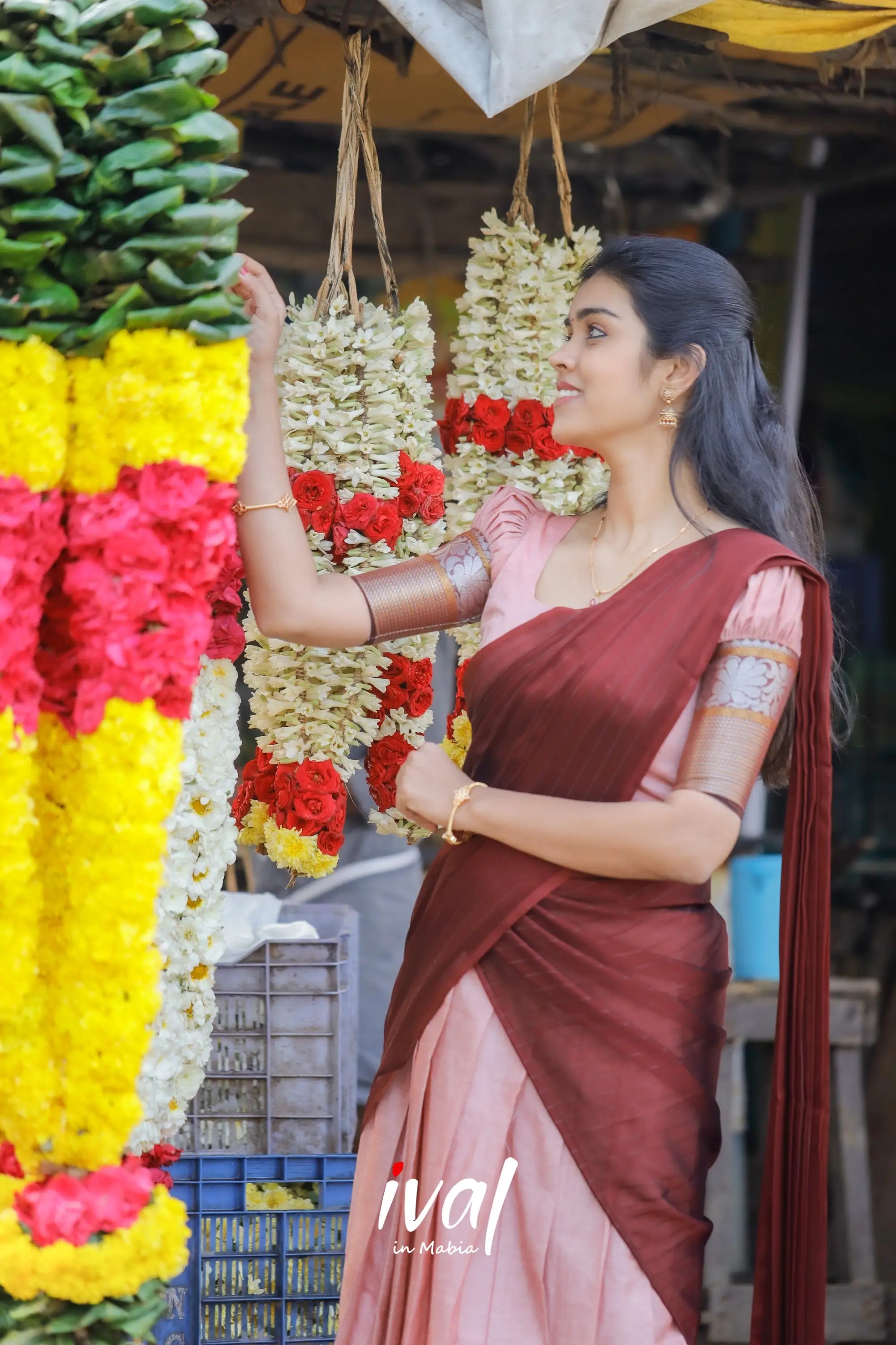 Padmaja - Pastel Pink And Maroon Cotton Half Saree Sarees