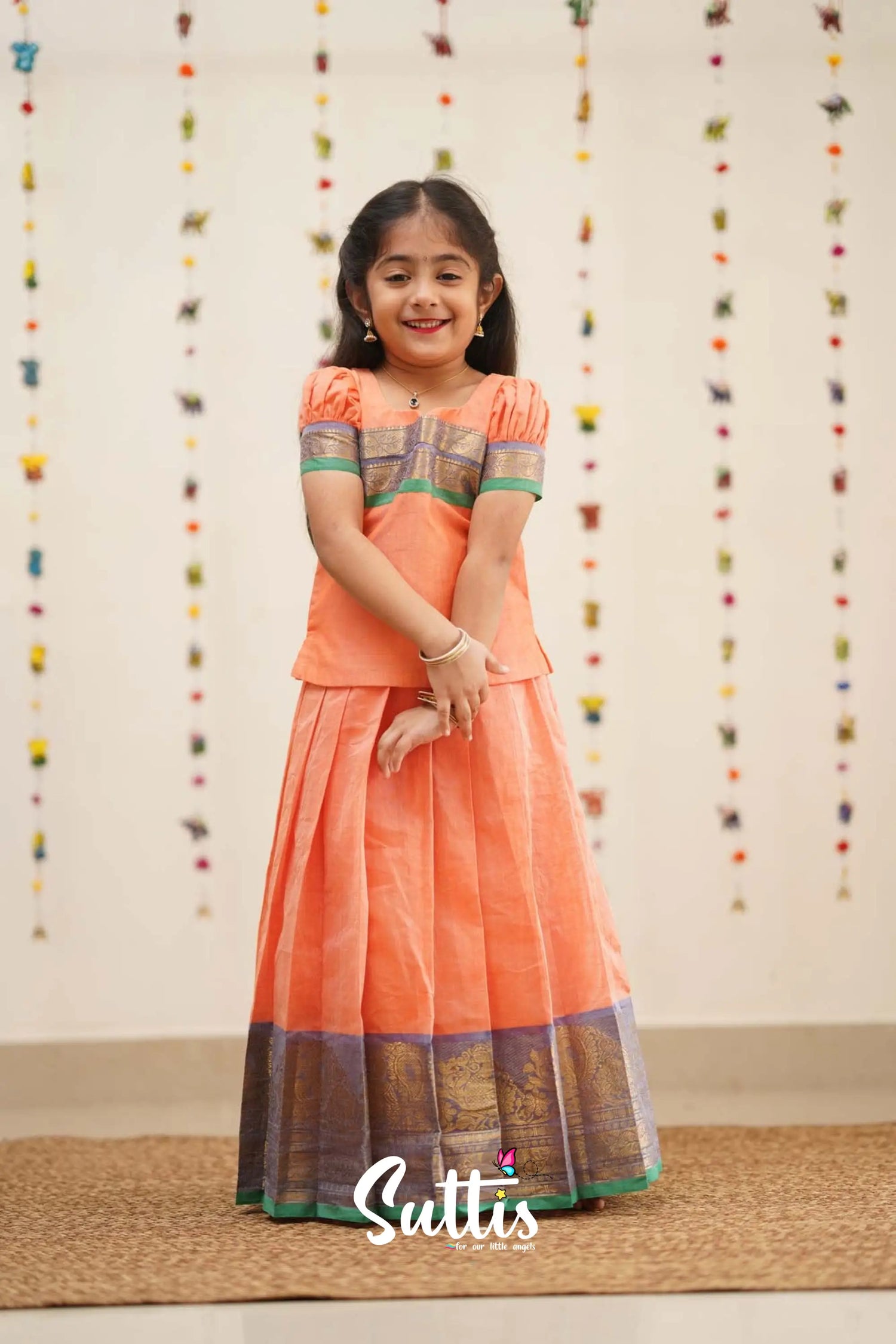 Padmaja - Peach Orange And Green Cotton Pavadai Top Kids-Suttis