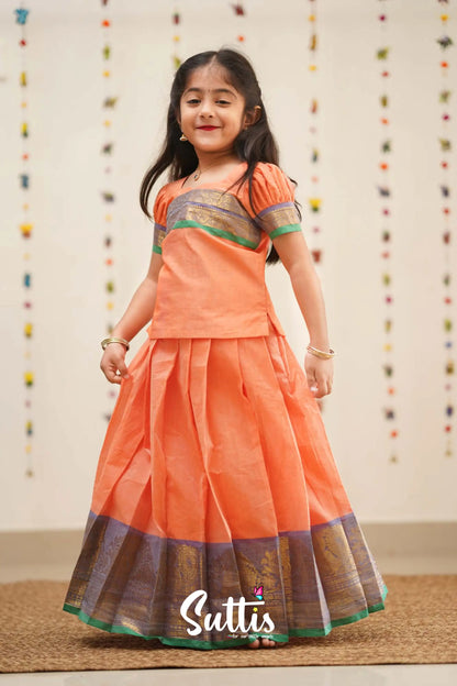 Padmaja - Peach Orange And Green Cotton Pavadai Top Kids-Suttis