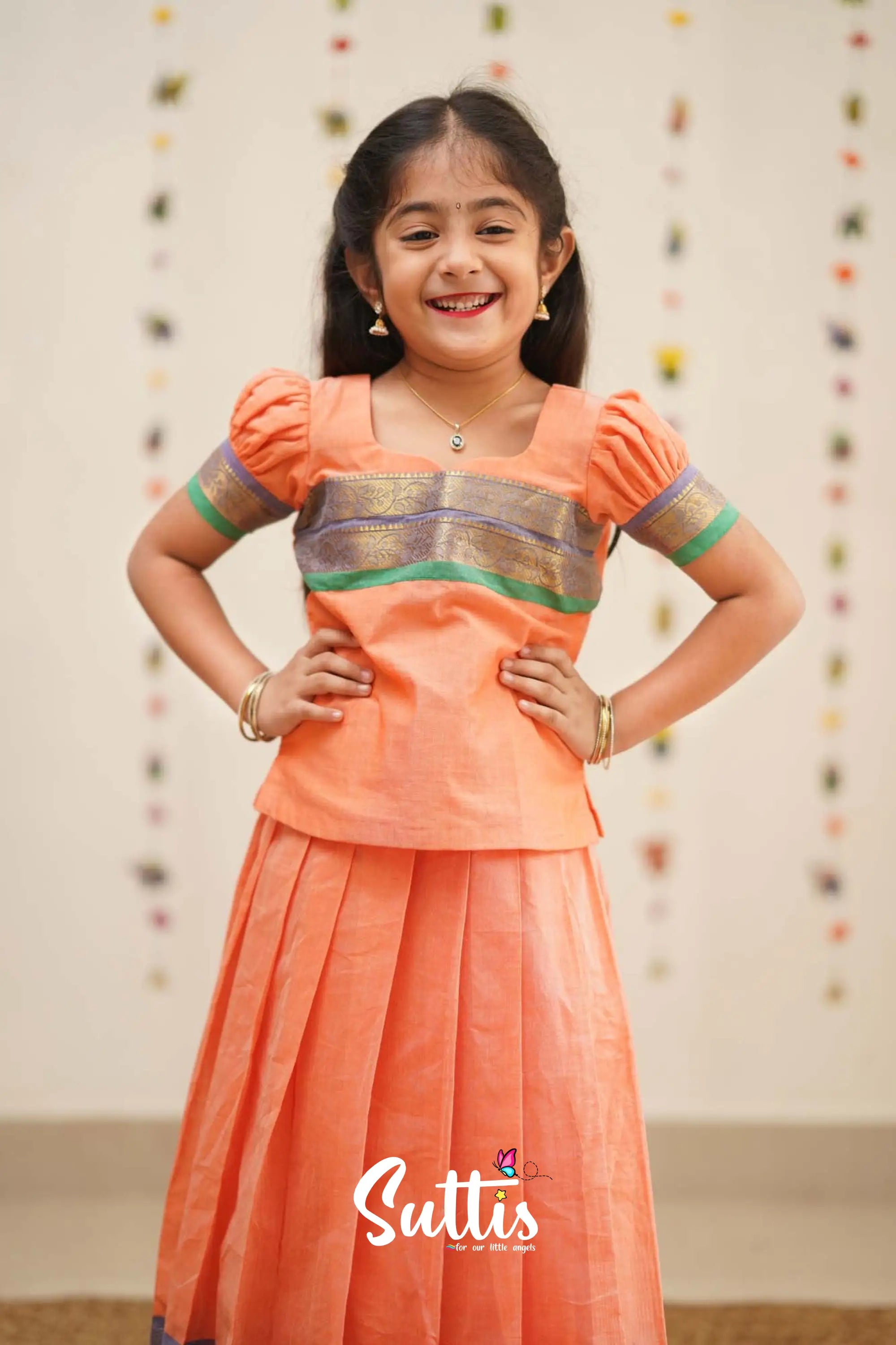 Padmaja - Peach Orange And Green Cotton Pavadai Top Kids-Suttis