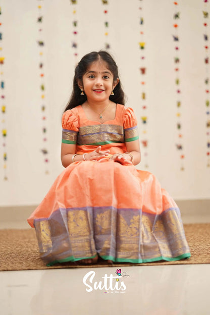 Padmaja - Peach Orange And Green Cotton Pavadai Top Kids-Suttis