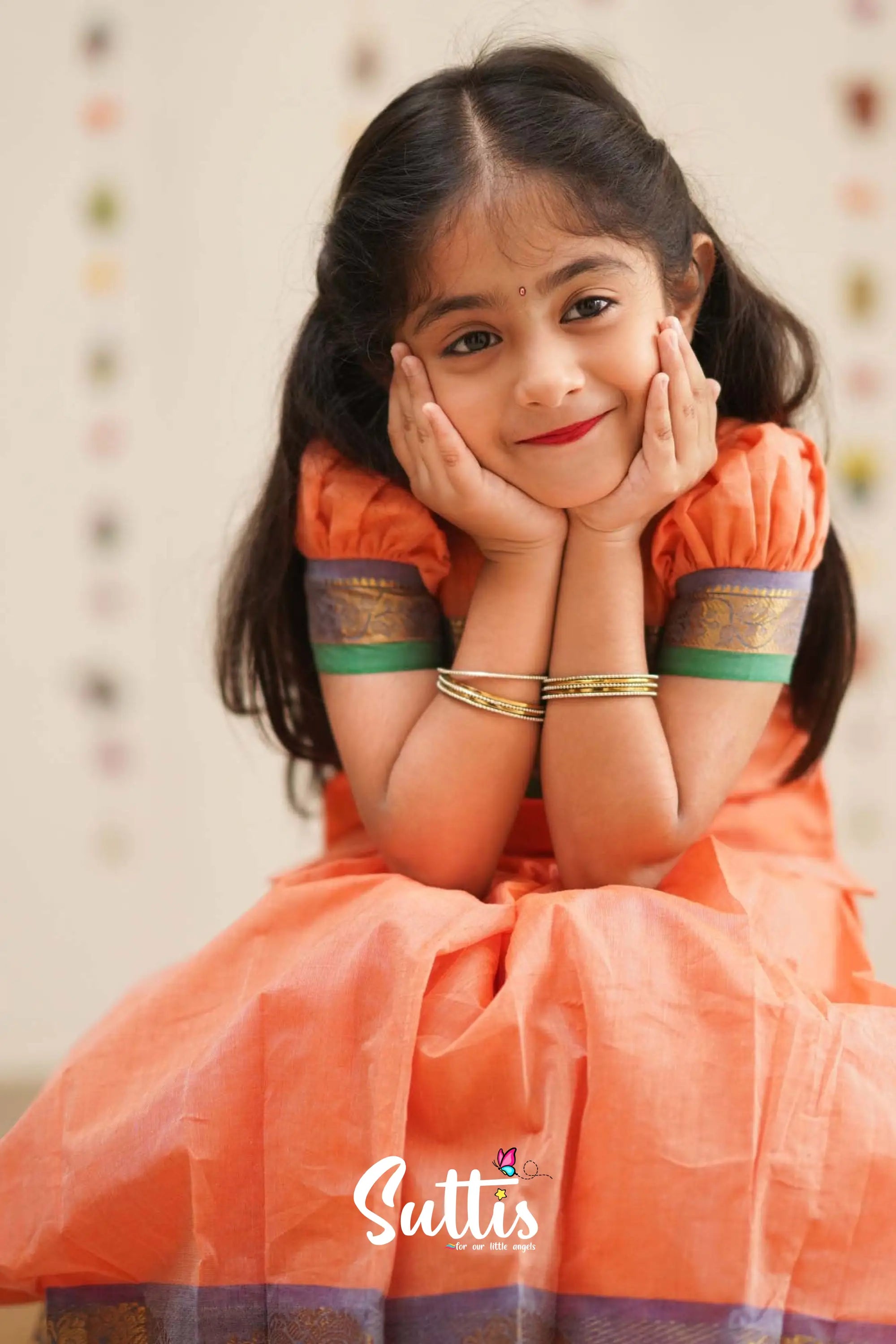 Padmaja - Peach Orange And Green Cotton Pavadai Top Kids-Suttis