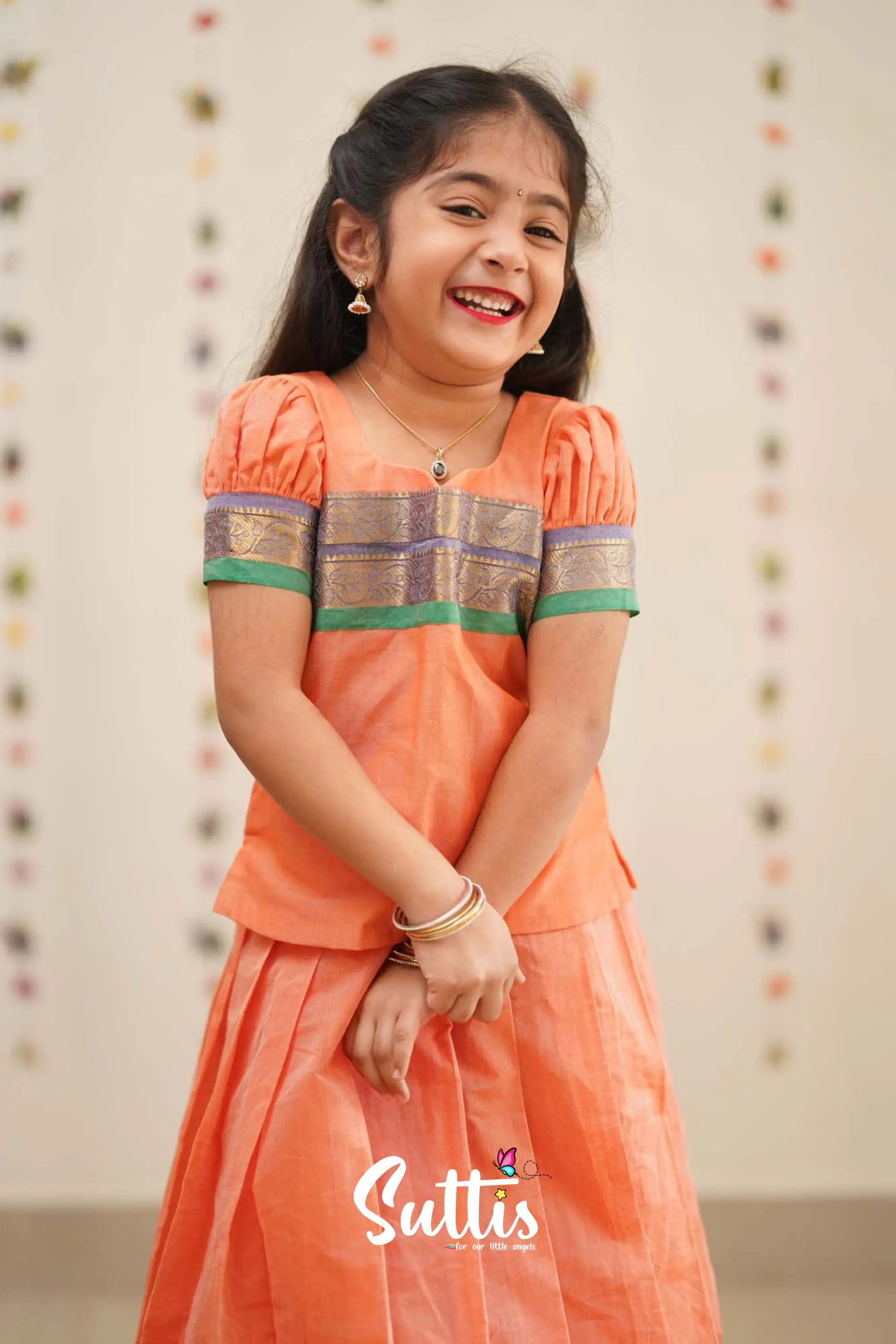 Padmaja - Peach Orange And Green Cotton Pavadai Top Kids-Suttis