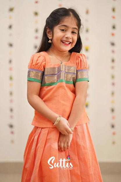 Padmaja - Peach Orange And Green Cotton Pavadai Top Kids-Suttis