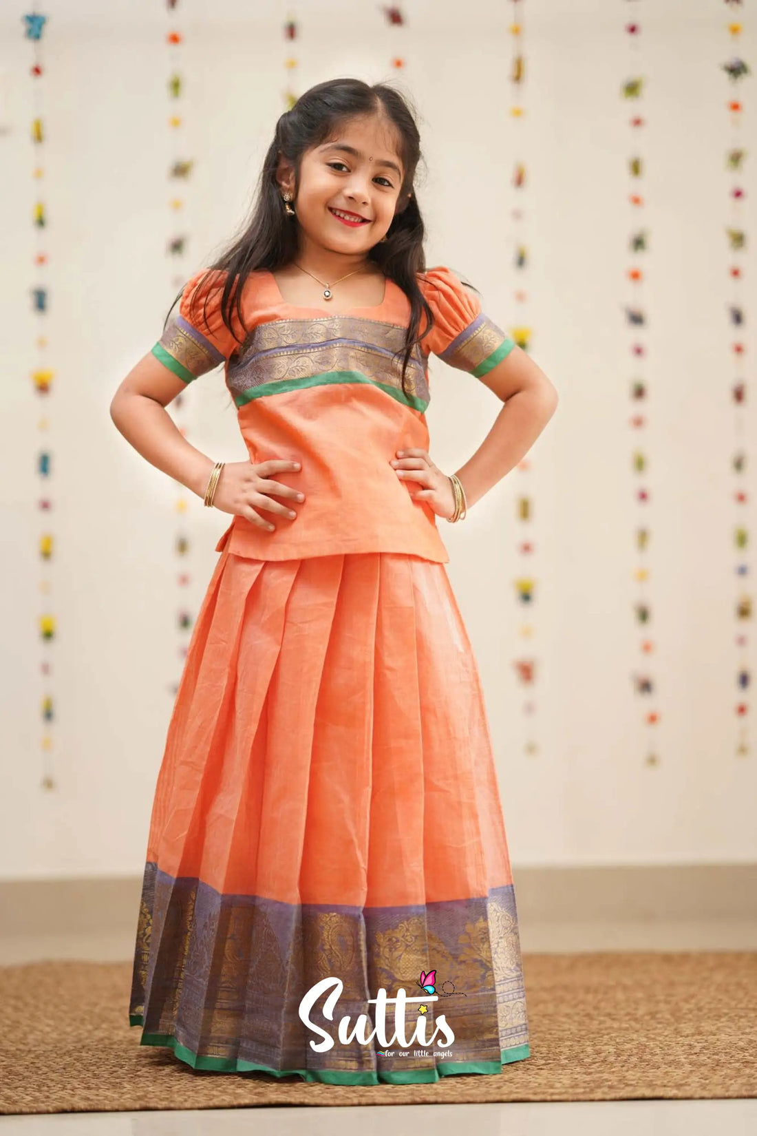 Padmaja - Peach Orange And Green Cotton Pavadai Top Kids-Suttis