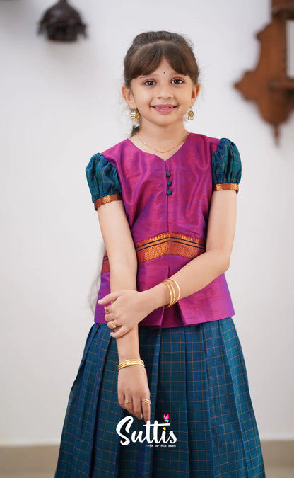 Padmaja - Peacock Blue Shade And Purple Tone Cotton Pavadai Sattai Kids-Suttis