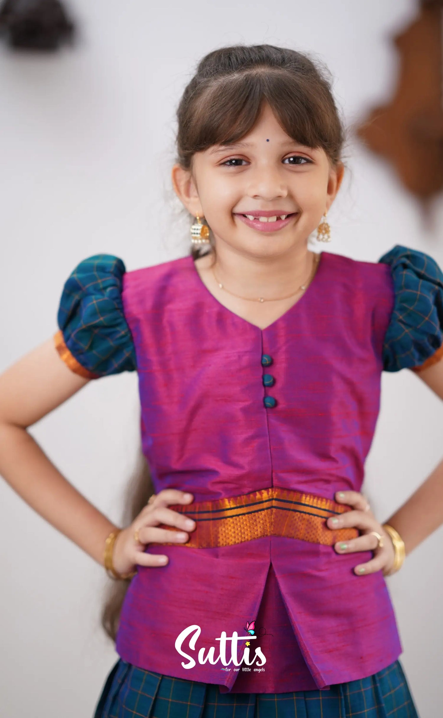 Padmaja - Peacock Blue Shade And Purple Tone Cotton Pavadai Sattai Kids-Suttis