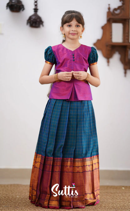 Padmaja - Peacock Blue Shade And Purple Tone Cotton Pavadai Sattai Kids-Suttis