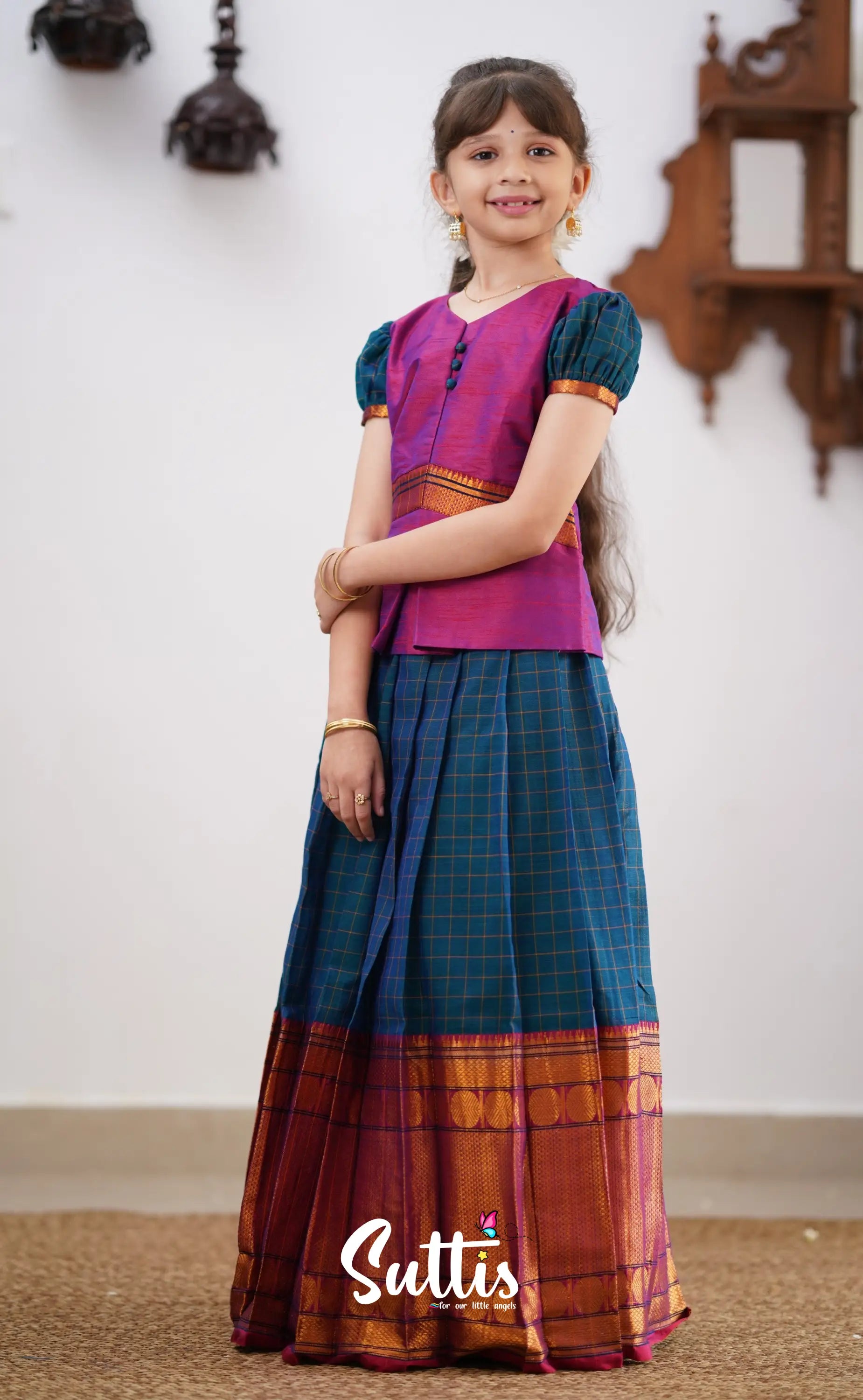 Padmaja - Peacock Blue Shade And Purple Tone Cotton Pavadai Sattai Kids-Suttis