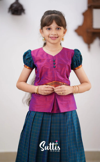 Padmaja - Peacock Blue Shade And Purple Tone Cotton Pavadai Sattai Kids-Suttis