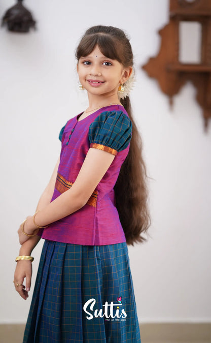 Padmaja - Peacock Blue Shade And Purple Tone Cotton Pavadai Sattai Kids-Suttis