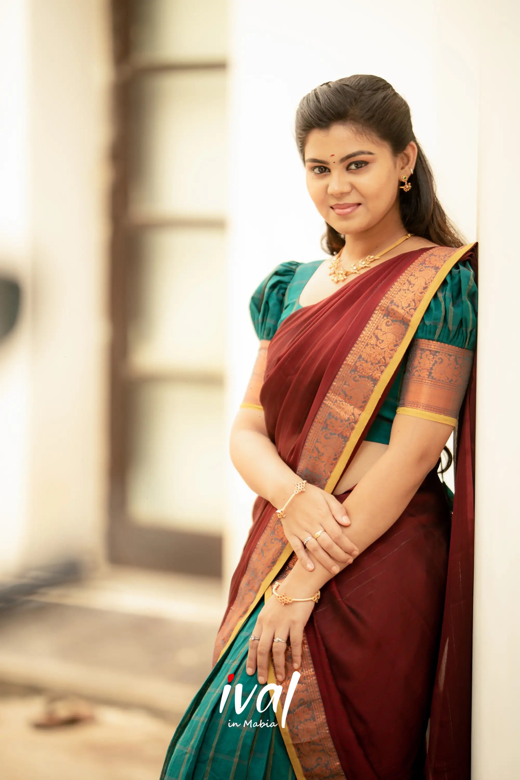 Padmaja - Peacock Green And Maroon Cotton Halfsaree Half Sarees