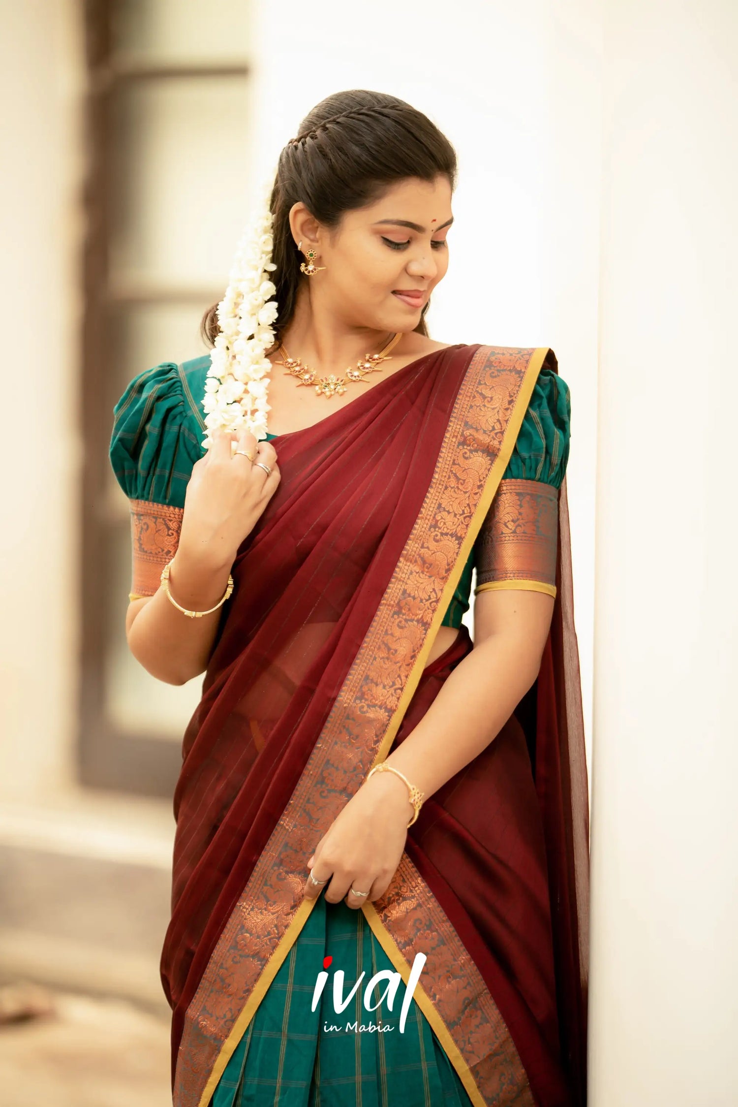 Padmaja - Peacock Green And Maroon Cotton Halfsaree Half Sarees