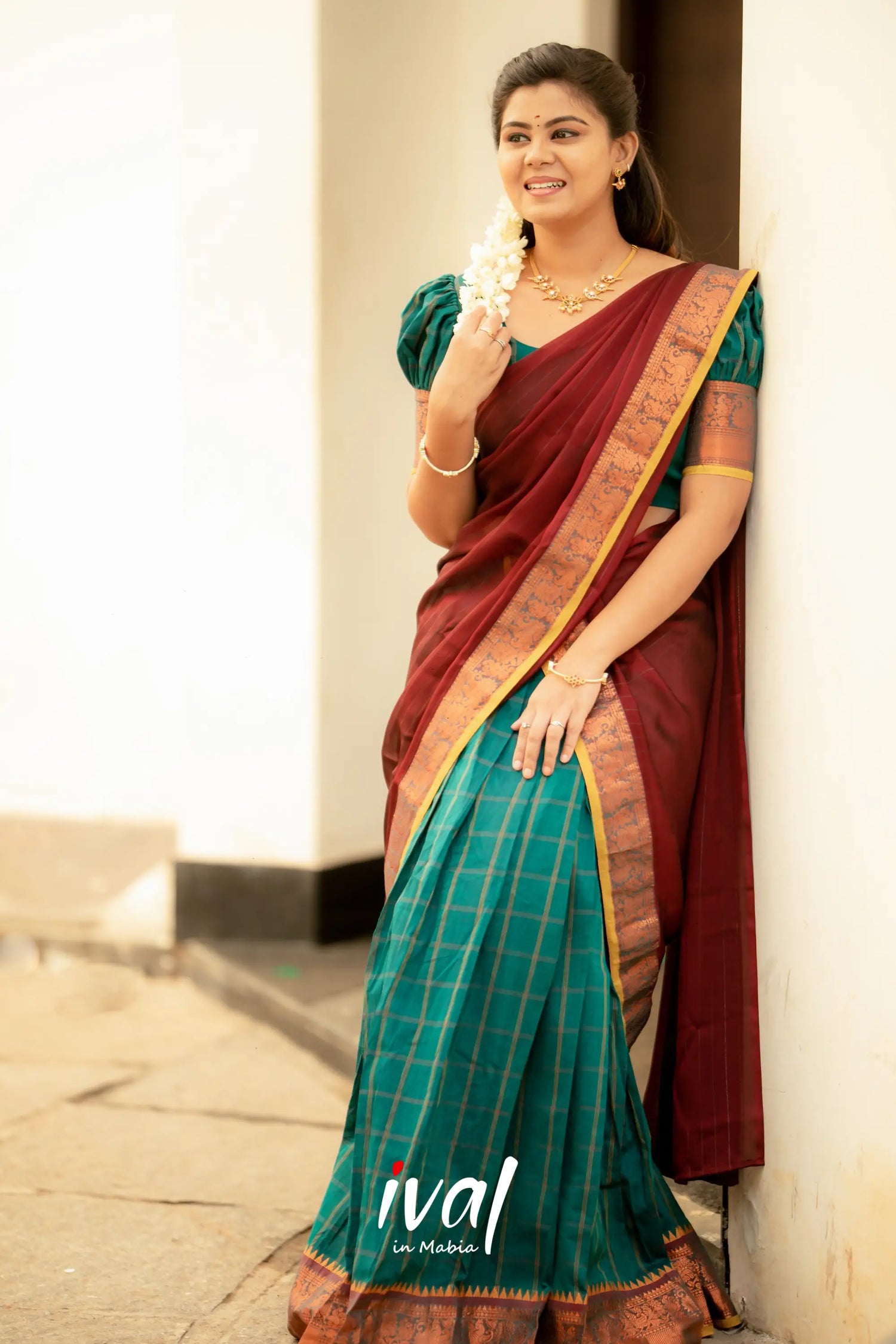 Padmaja - Peacock Green And Maroon Cotton Halfsaree Half Sarees