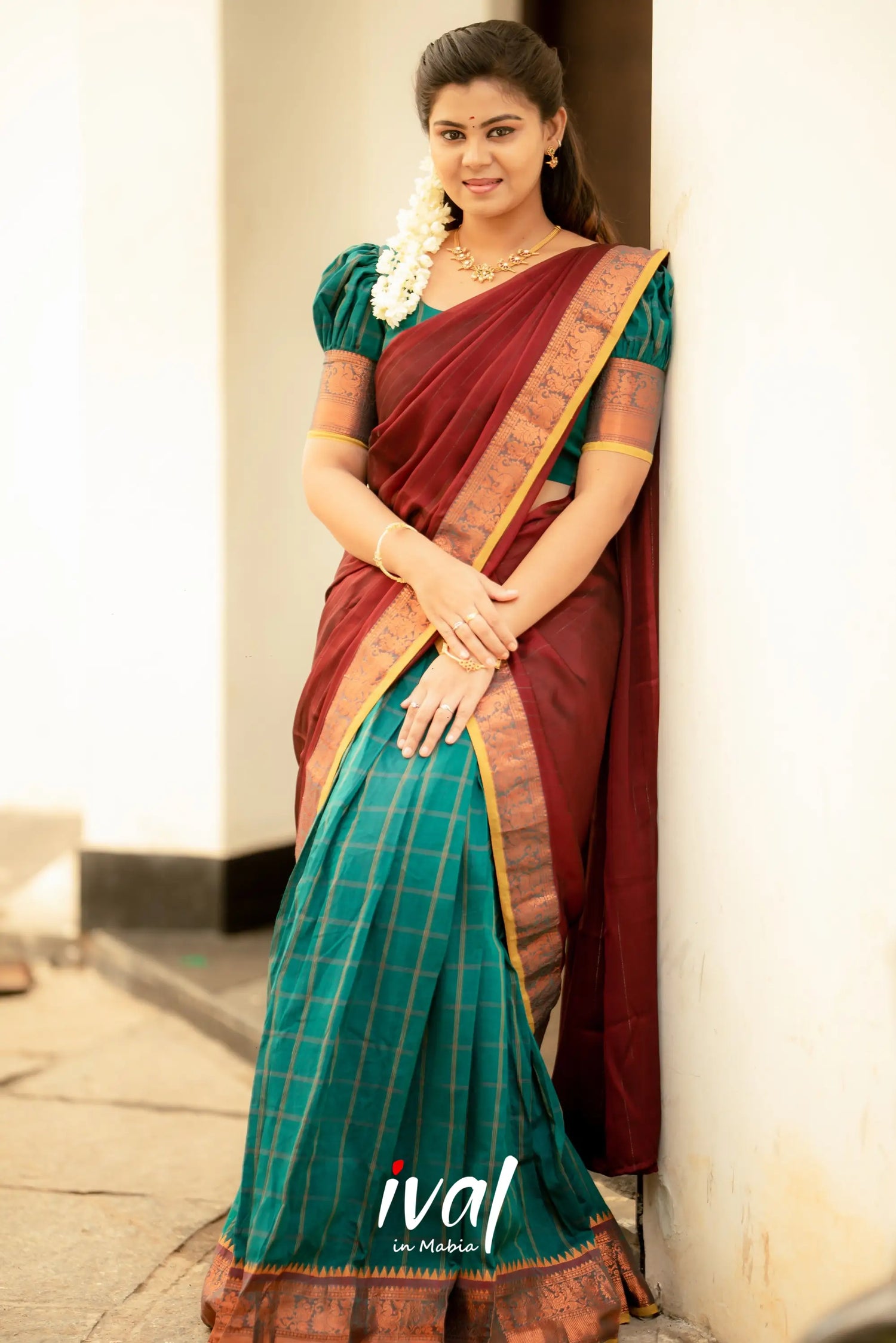 Padmaja - Peacock Green And Maroon Cotton Halfsaree Half Sarees