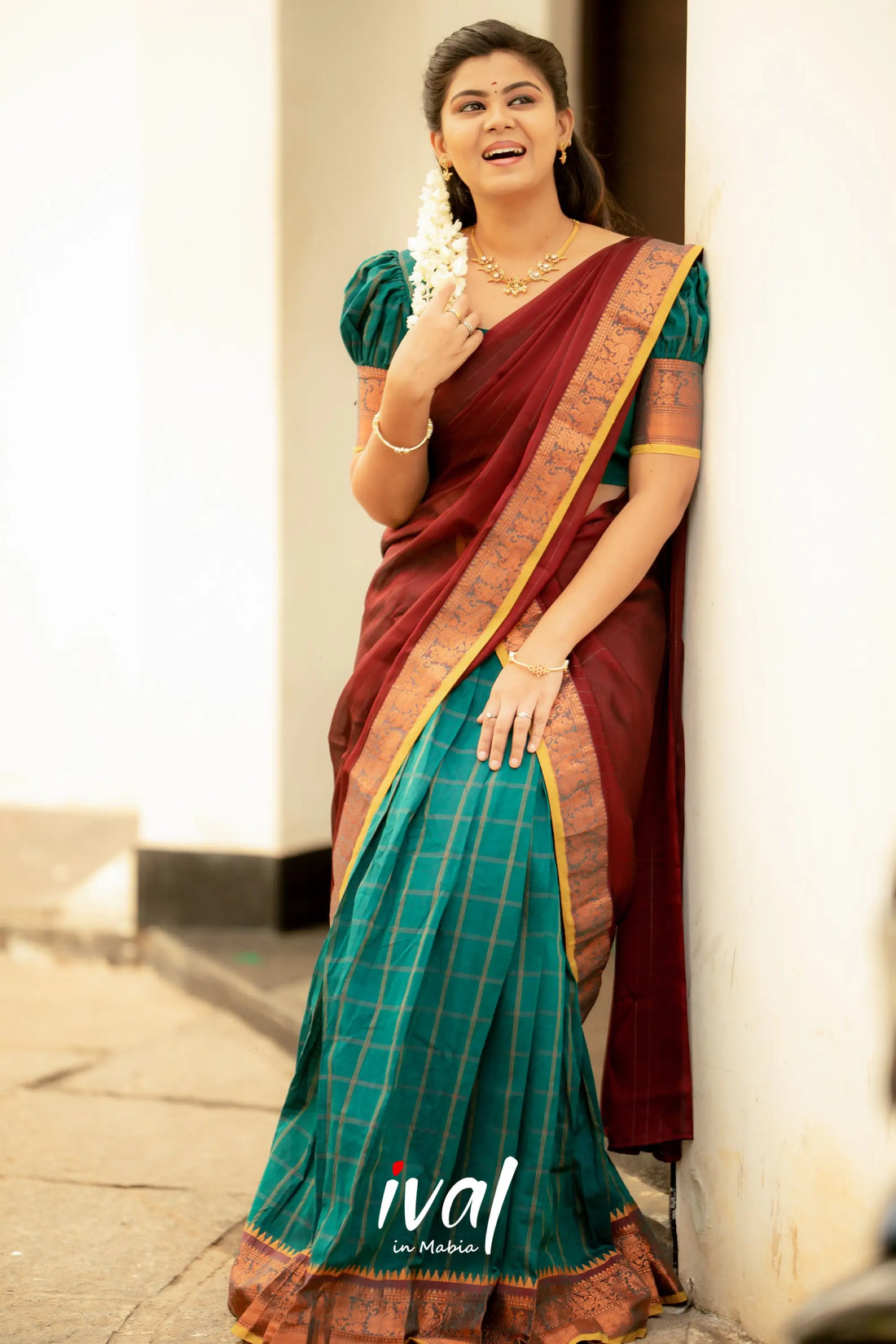 Padmaja - Peacock Green And Maroon Cotton Halfsaree Half Sarees