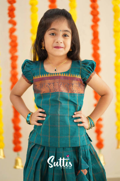 Padmaja - Peacock Green And Mustard Handloom Cotton Pavadai Sattai Kids-Suttis
