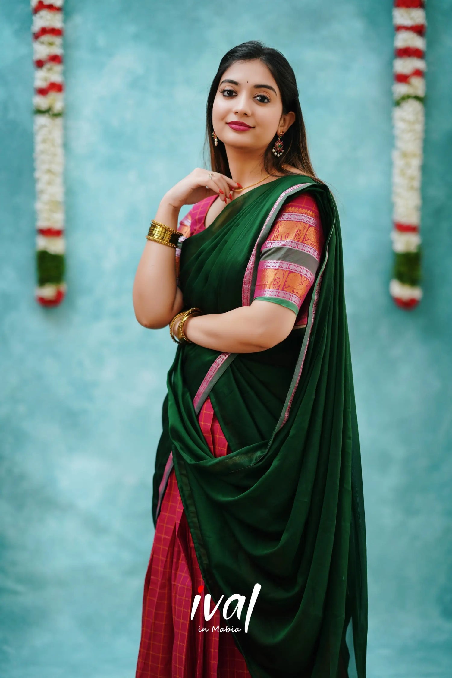 Padmaja - Pink And Dark Green Cotton Halfsaree Half Sarees