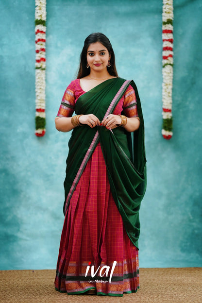 Padmaja - Pink And Dark Green Cotton Halfsaree Half Sarees