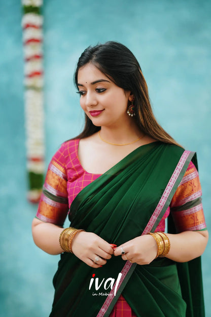 Padmaja - Pink And Dark Green Cotton Halfsaree Half Sarees