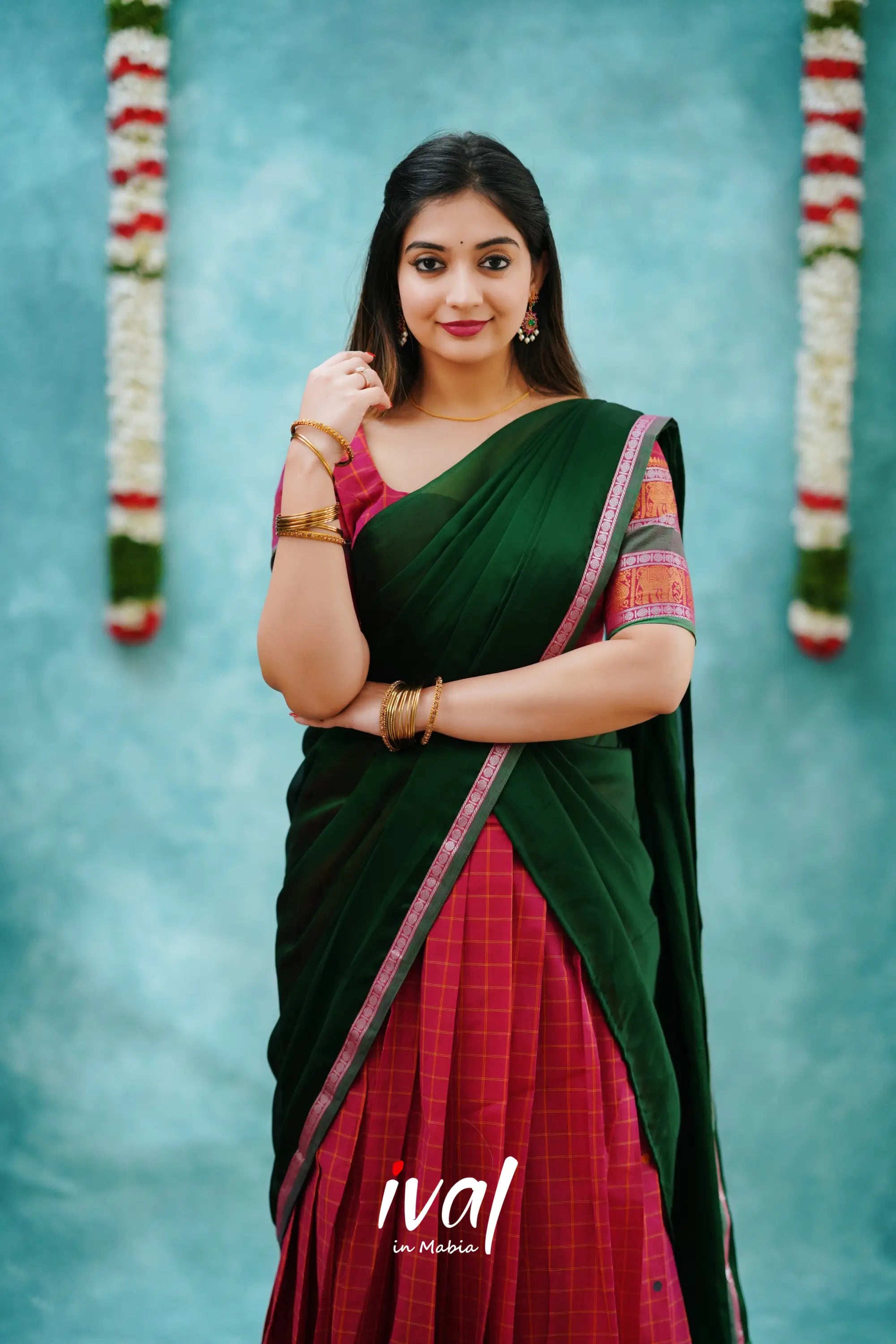 Padmaja - Pink And Dark Green Cotton Halfsaree Half Sarees