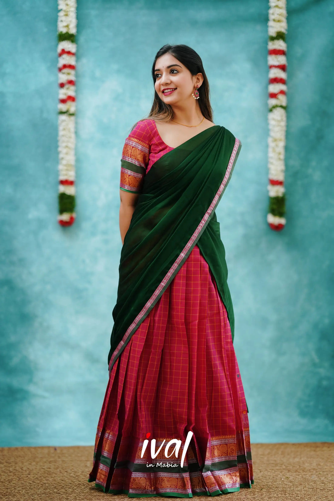 Padmaja - Pink And Dark Green Cotton Halfsaree Half Sarees