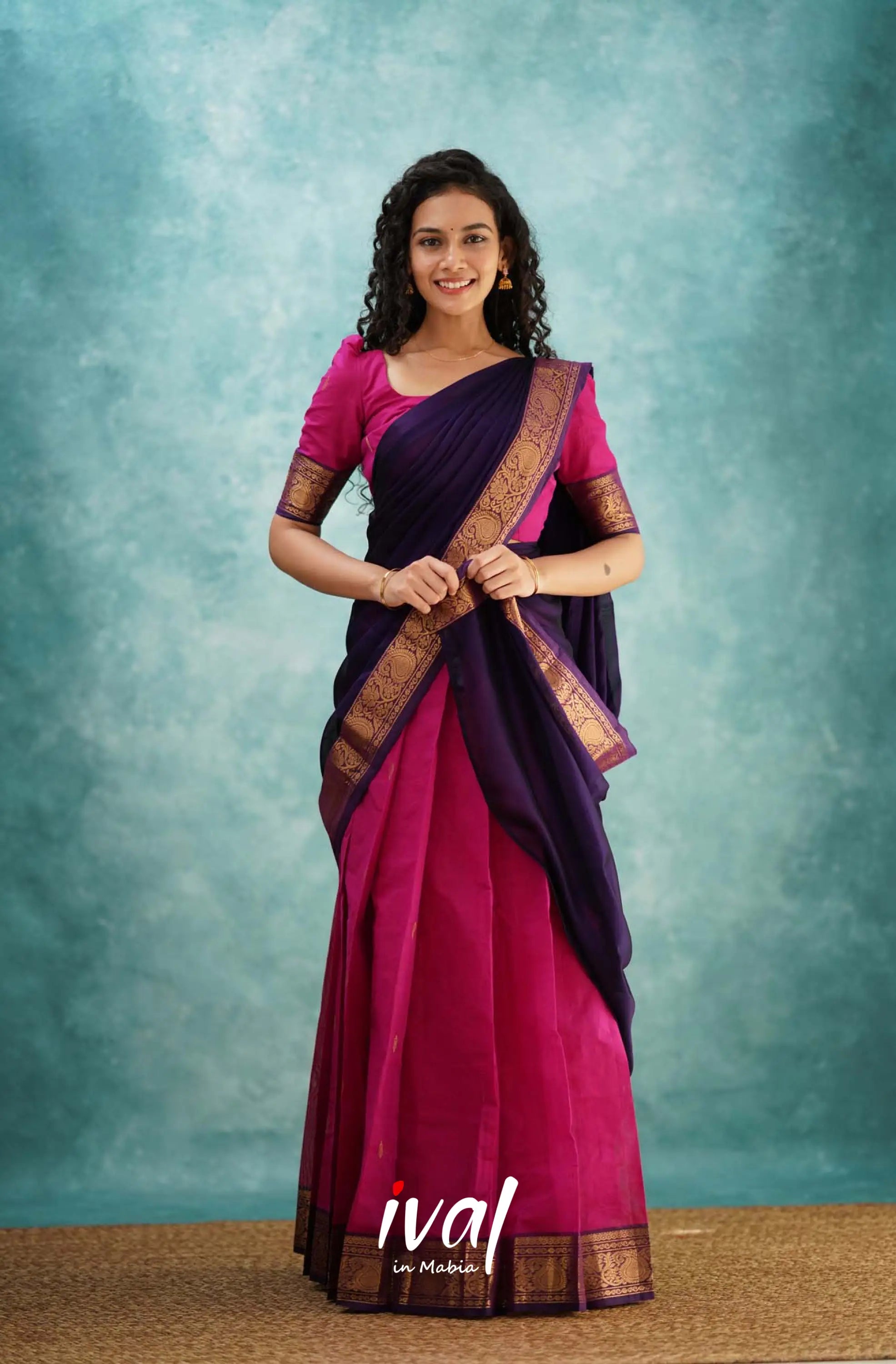 Padmaja - Pink And Dark Purple Cotton Halfsaree Half Sarees
