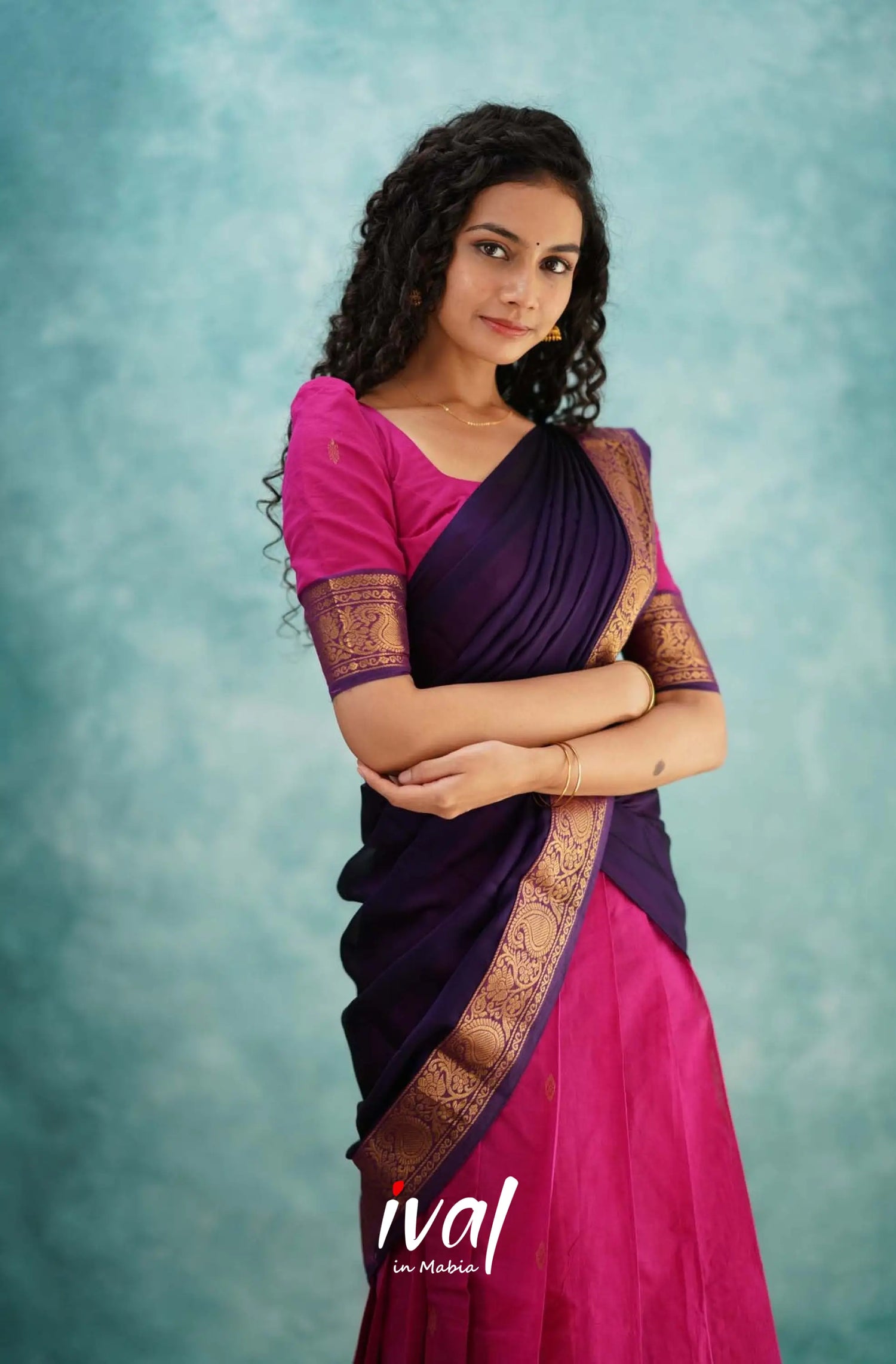 Padmaja - Pink And Dark Purple Cotton Halfsaree Half Sarees