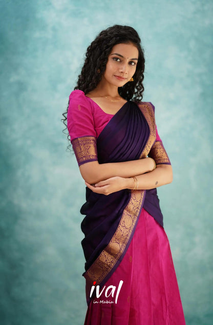 Padmaja - Pink And Dark Purple Cotton Halfsaree Half Sarees