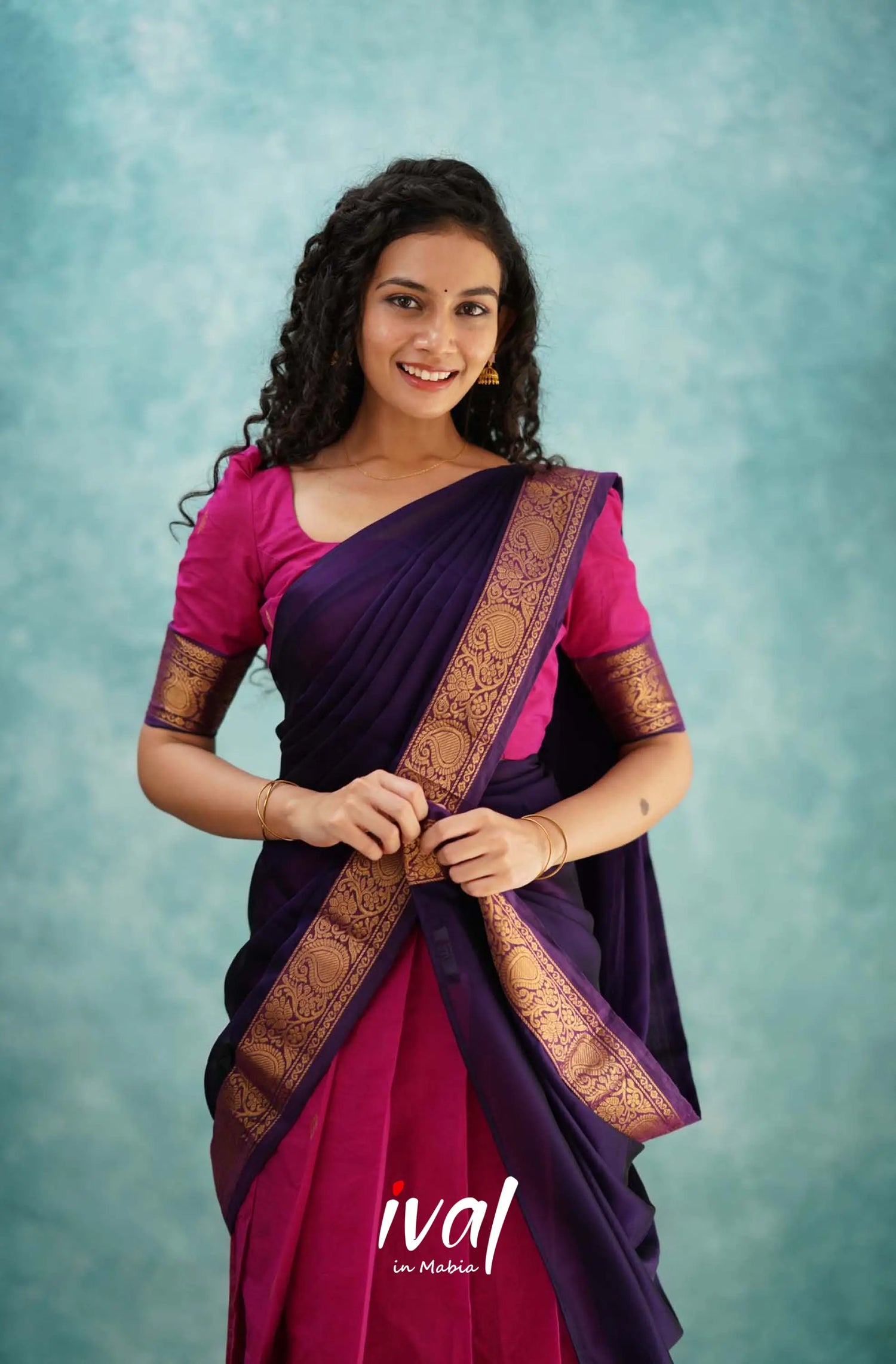 Padmaja - Pink And Dark Purple Cotton Halfsaree Half Sarees