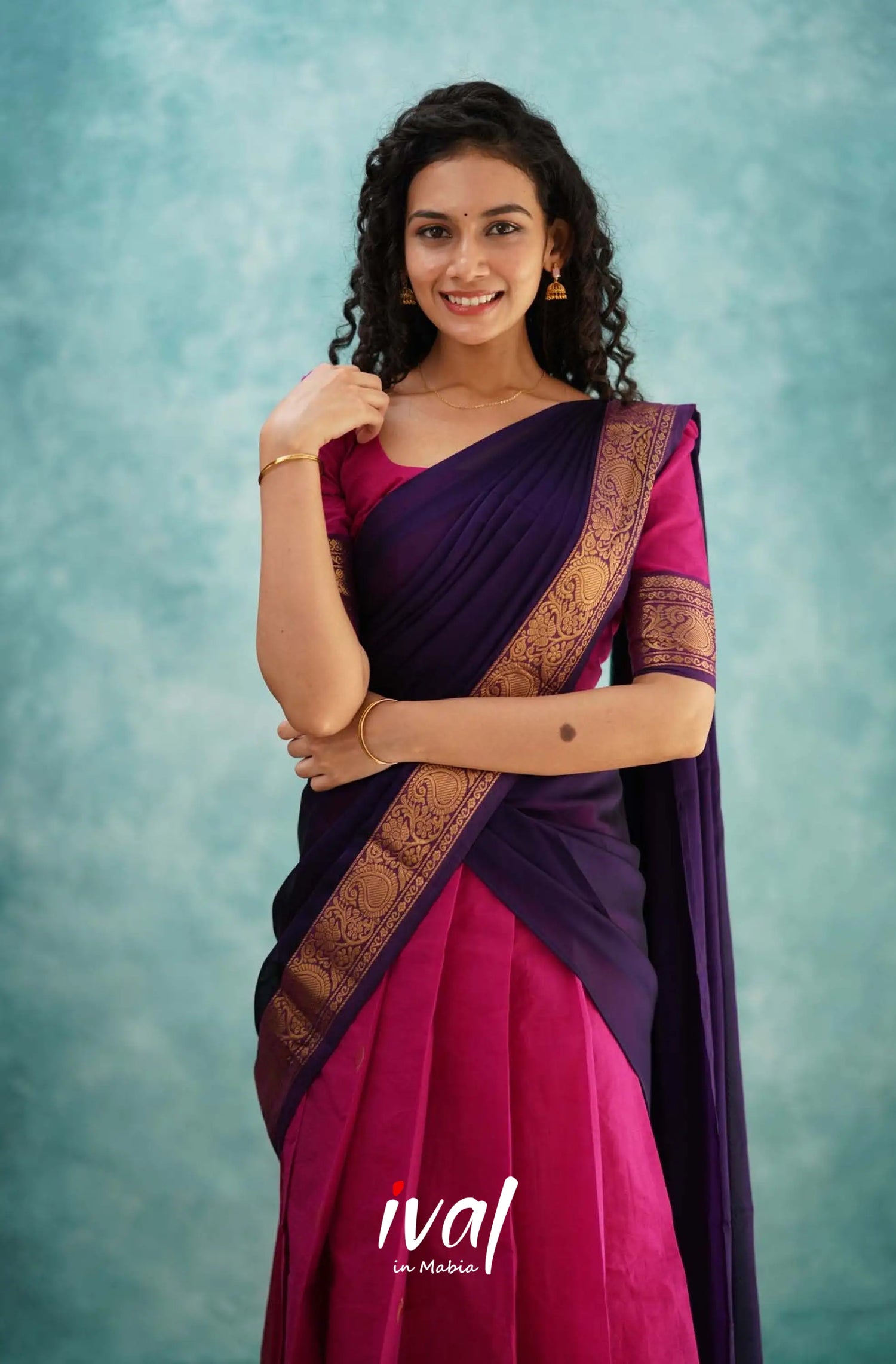 Padmaja - Pink And Dark Purple Cotton Halfsaree Half Sarees