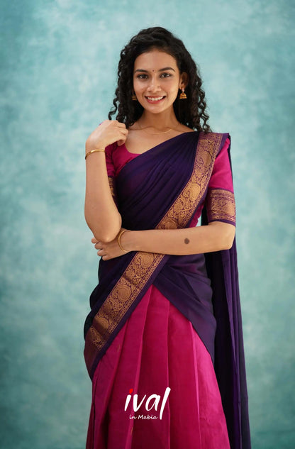 Padmaja - Pink And Dark Purple Cotton Halfsaree Half Sarees