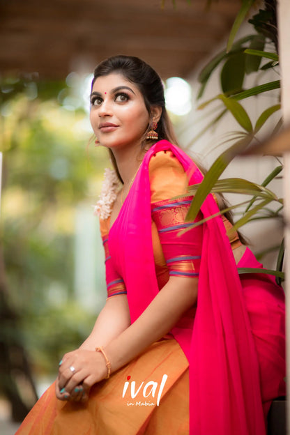 Padmaja - Pink And Light Orange Cotton Half Saree Sarees