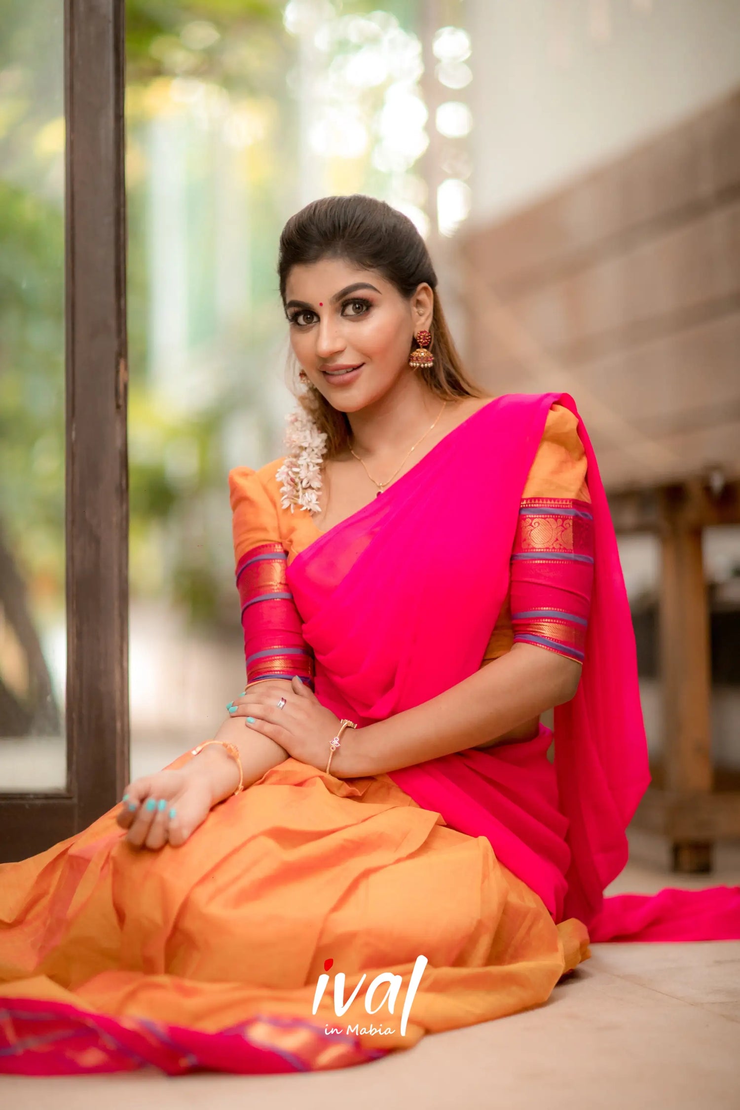 Padmaja - Pink And Light Orange Cotton Half Saree Sarees