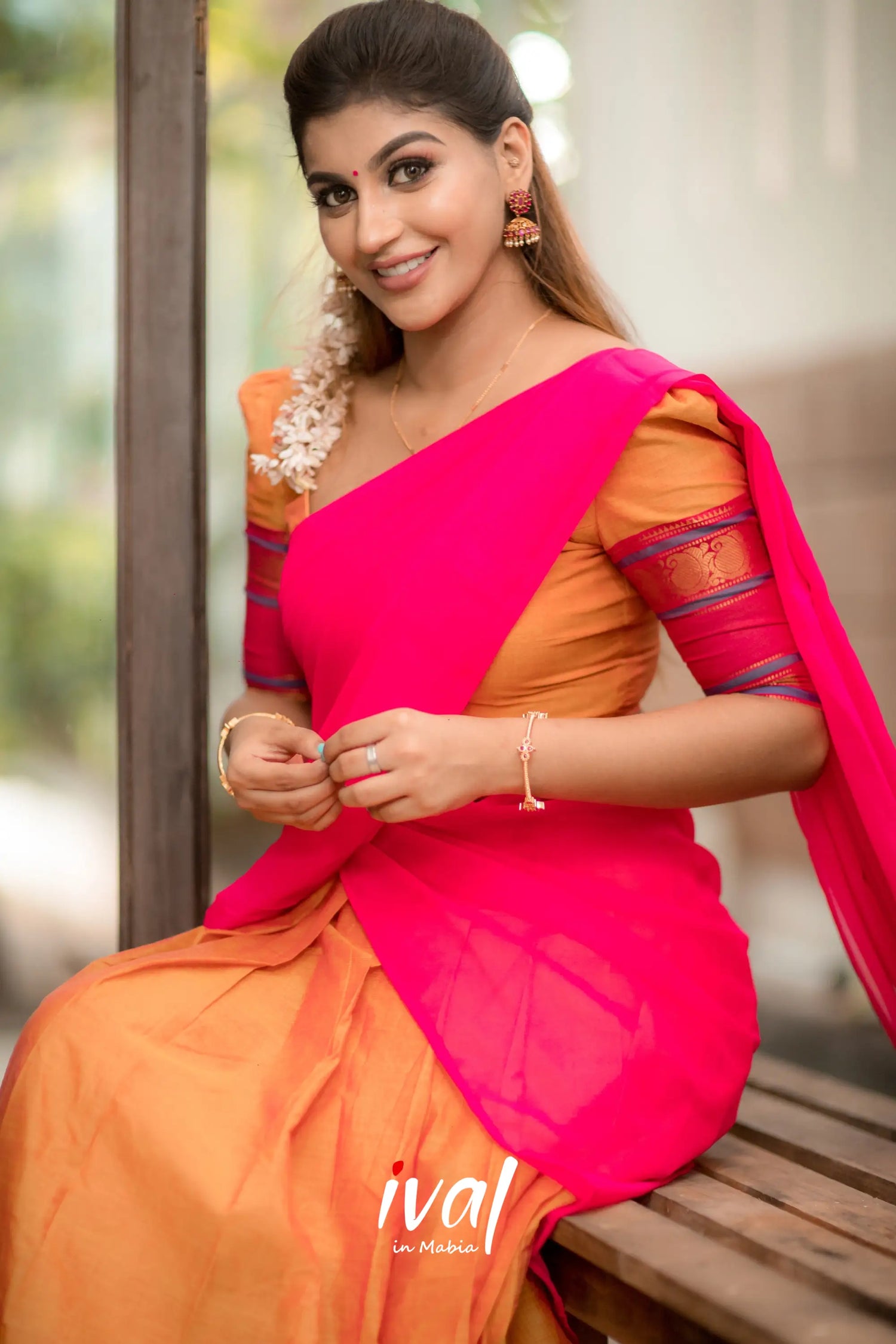 Padmaja - Pink And Light Orange Cotton Half Saree Sarees