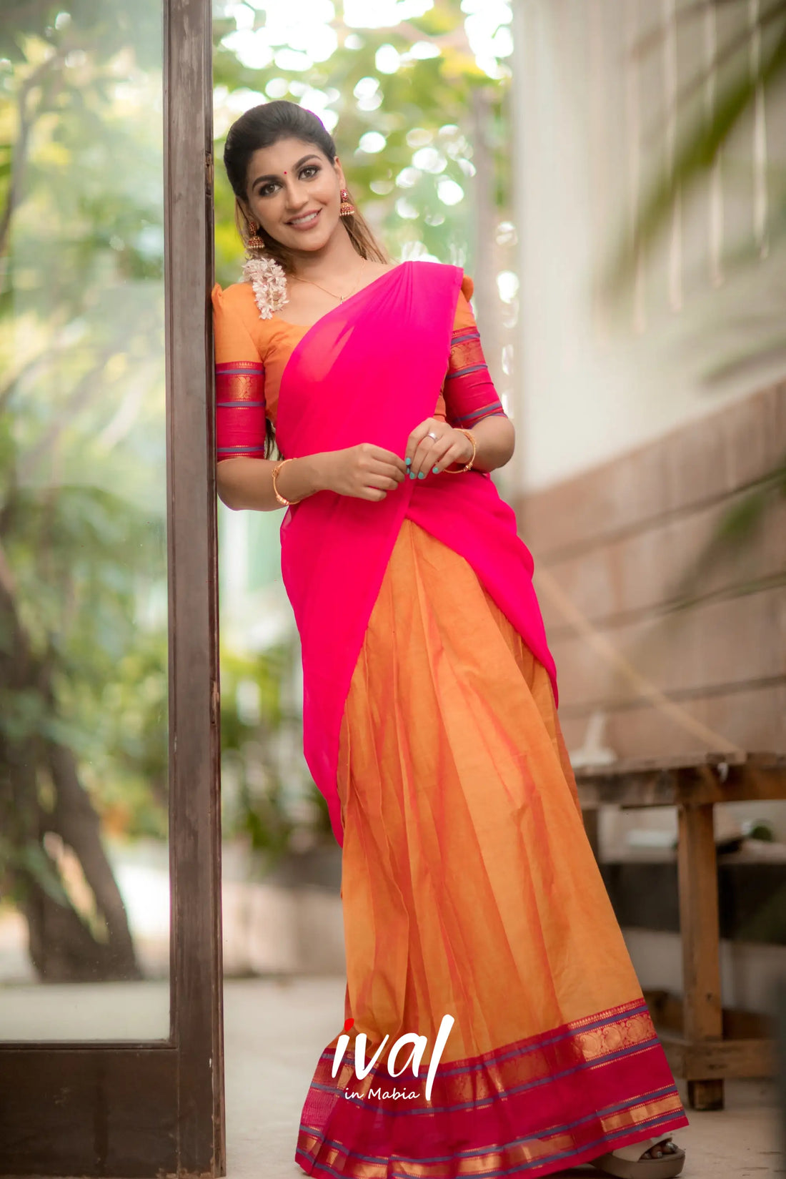 Padmaja - Pink And Light Orange Cotton Half Saree Sarees