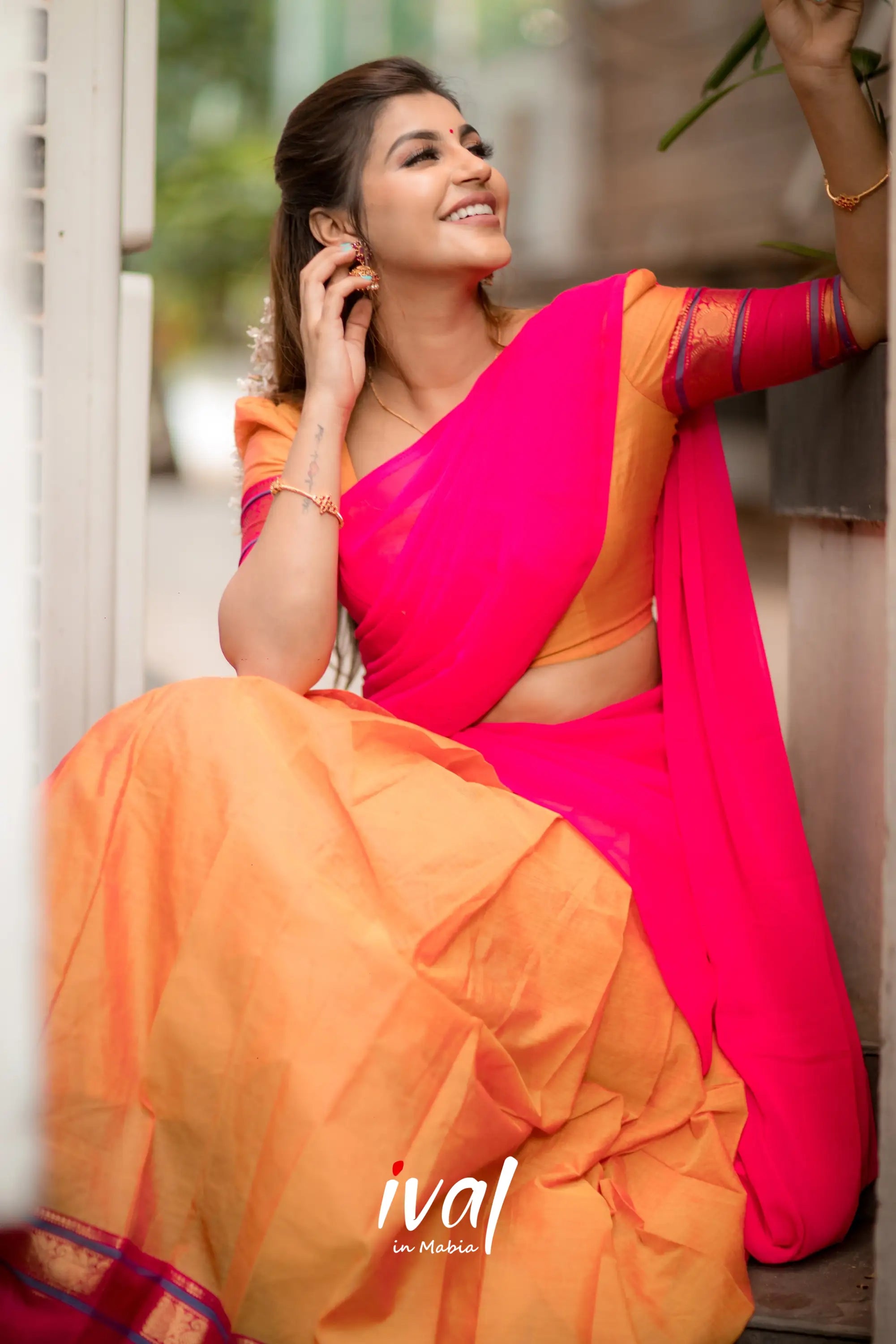 Padmaja - Pink And Light Orange Cotton Half Saree Sarees