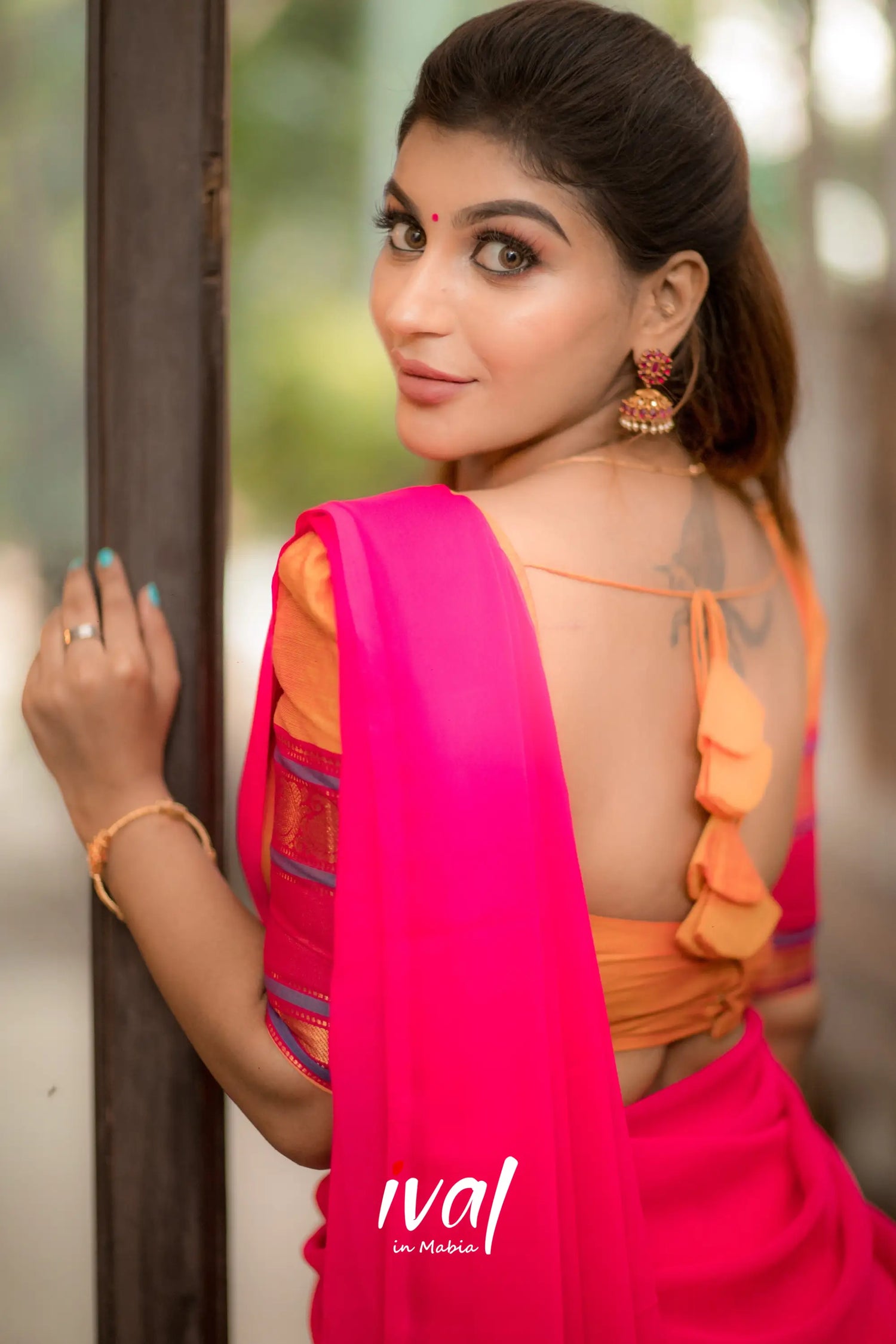 Padmaja - Pink And Light Orange Cotton Half Saree Sarees