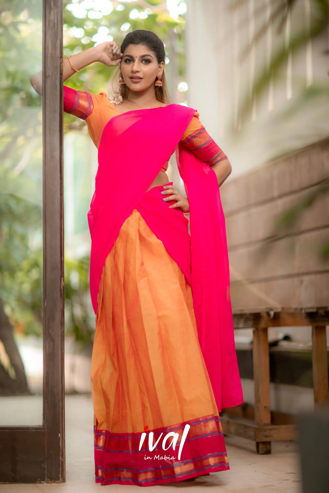 Padmaja - Pink And Light Orange Cotton Half Saree Sarees