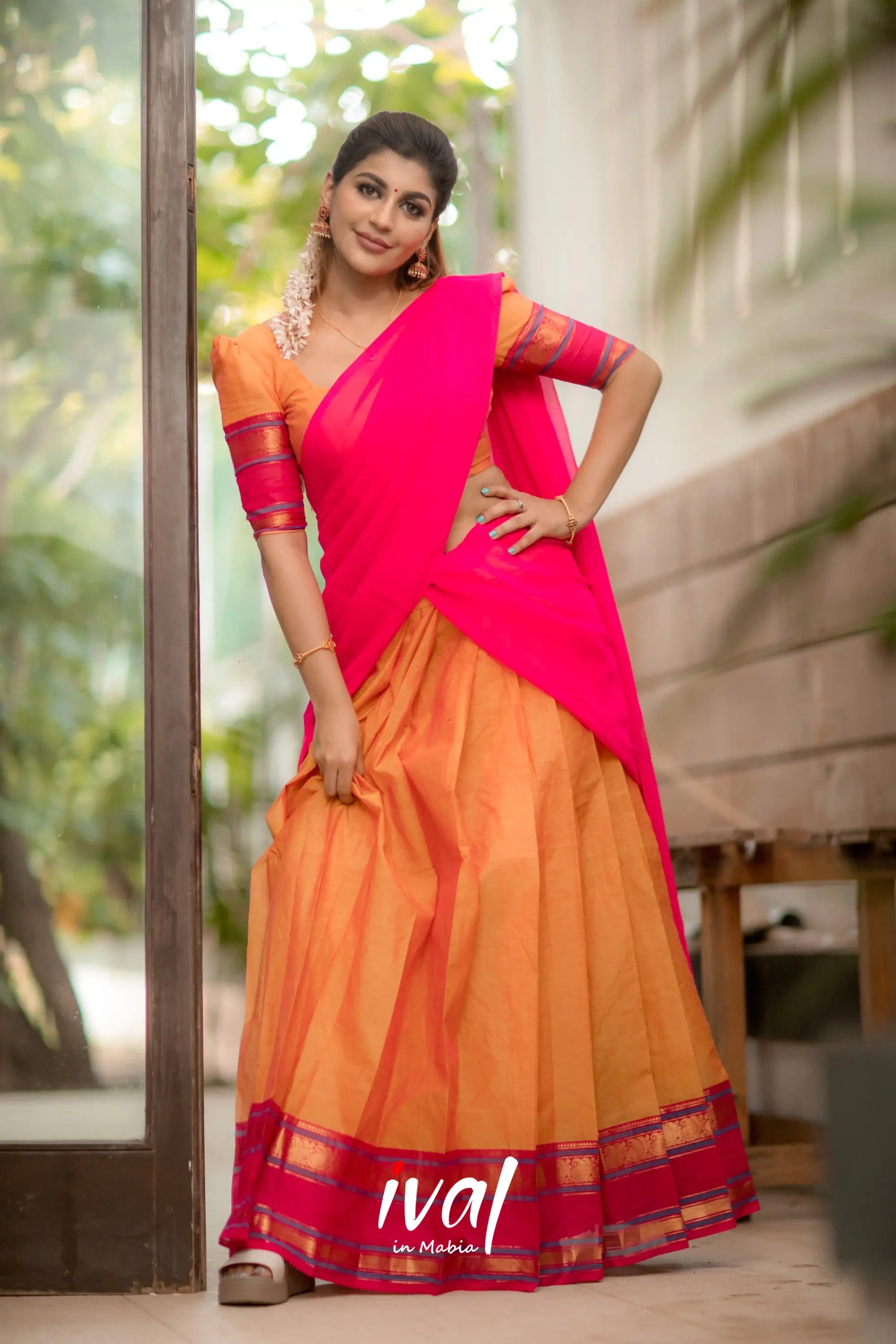 Padmaja - Pink And Light Orange Cotton Half Saree Sarees