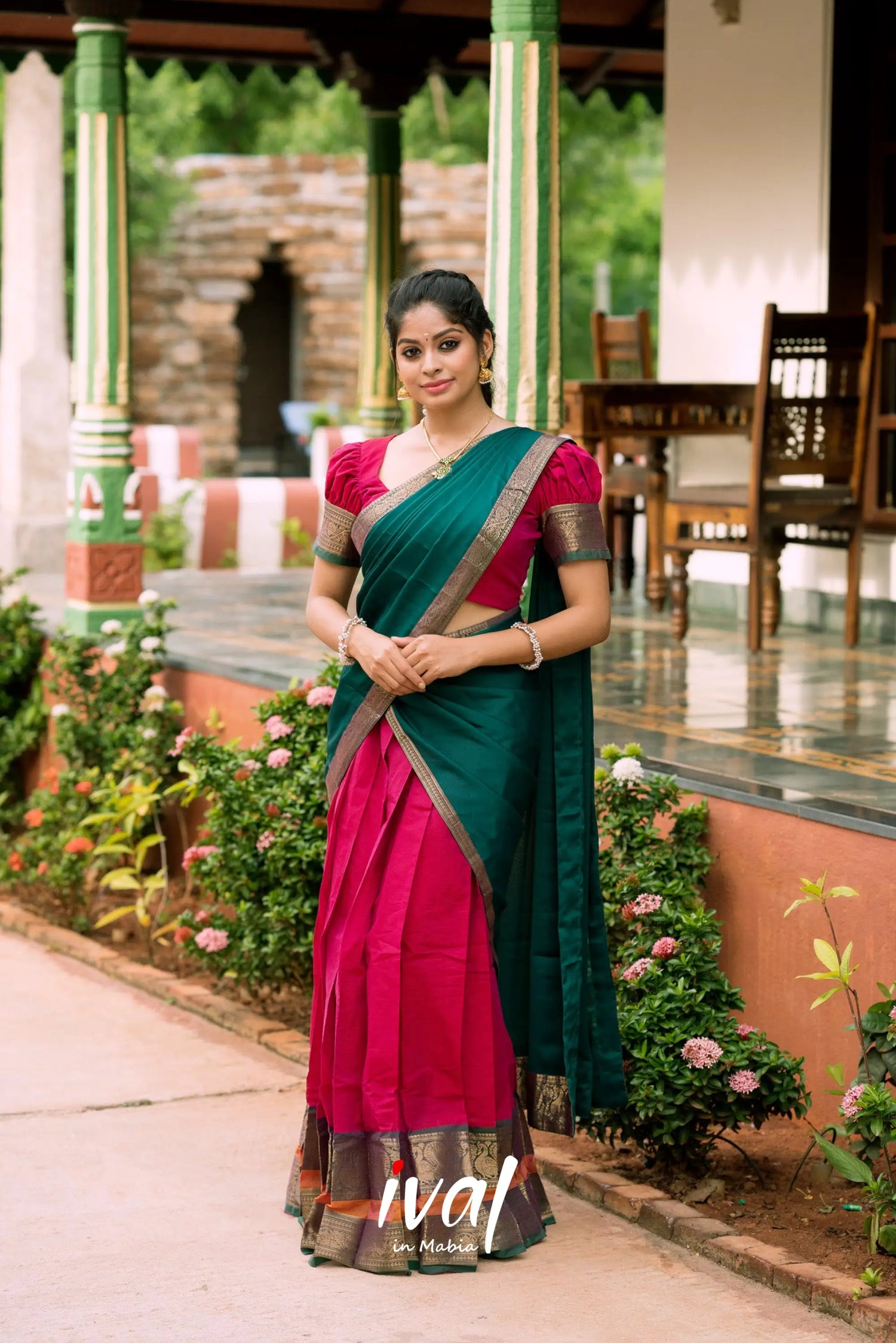 Padmaja - Pink And Peacok Green Cotton Halfsaree Half Sarees