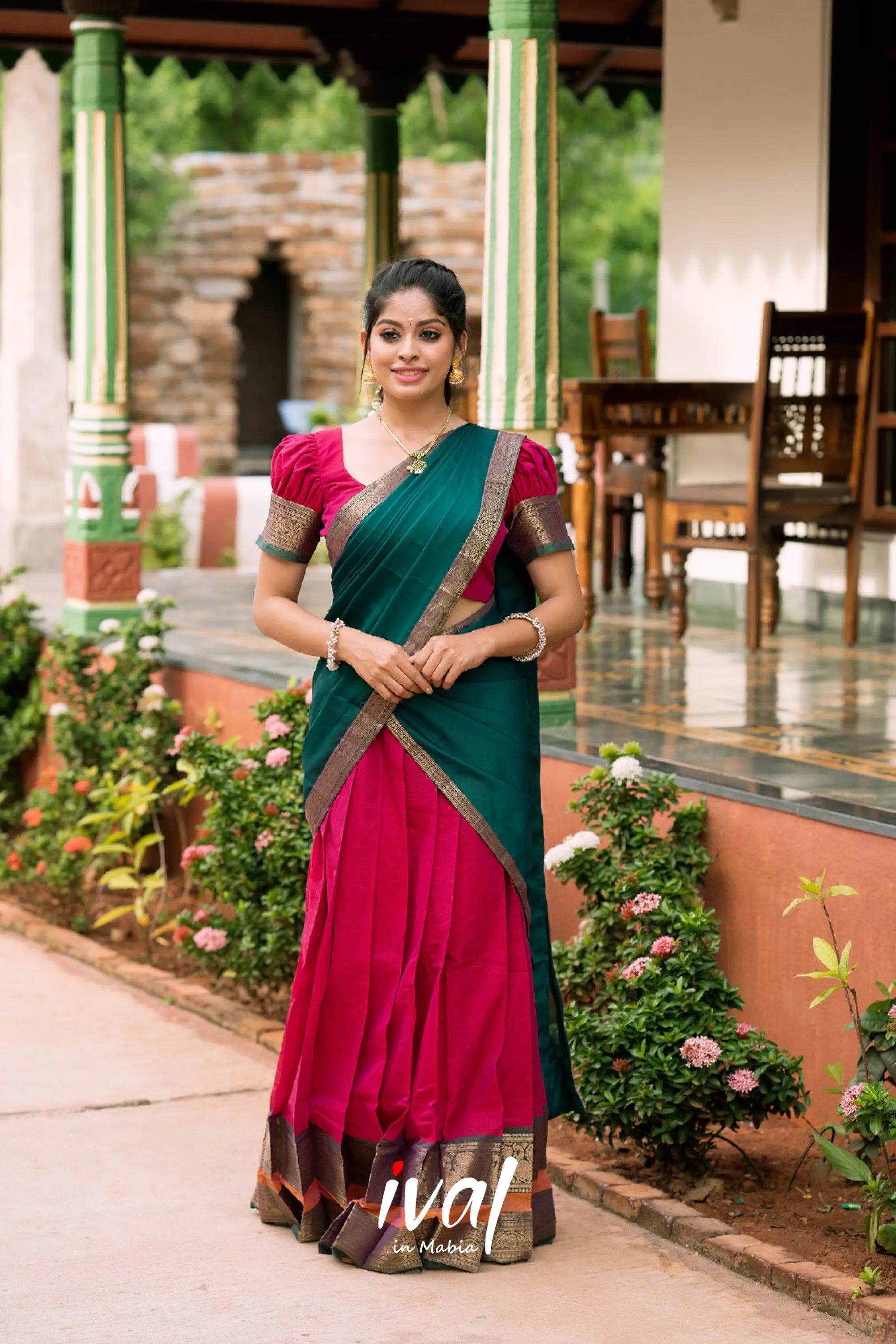 Padmaja - Pink And Peacok Green Cotton Halfsaree Half Sarees