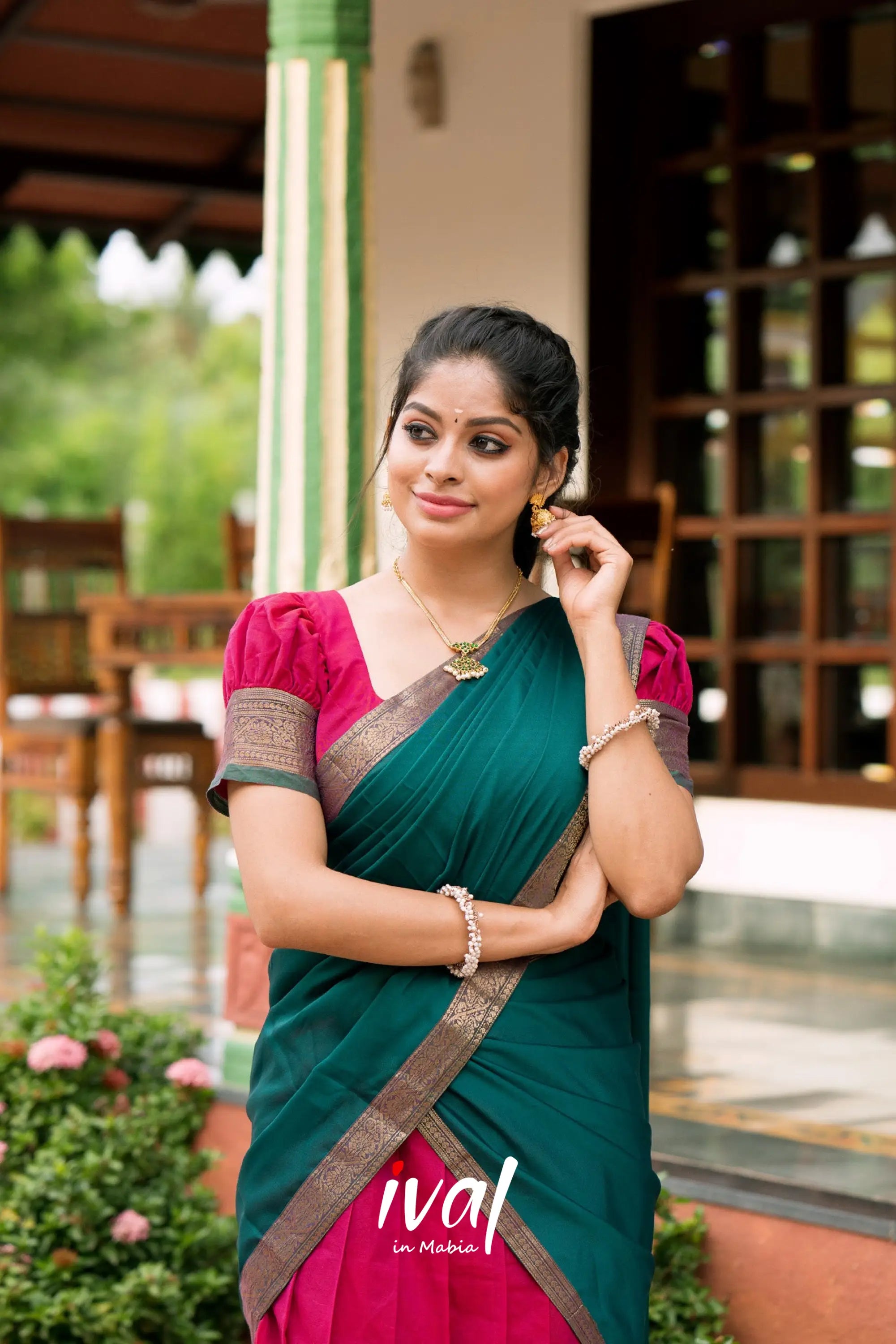 Padmaja - Pink And Peacok Green Cotton Halfsaree Half Sarees