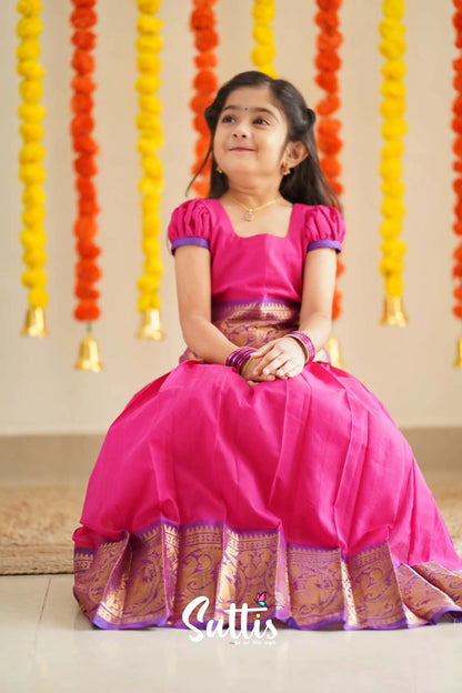 Padmaja - Pink And Purple Handloom Cotton Pavadai Sattai Kids-Suttis